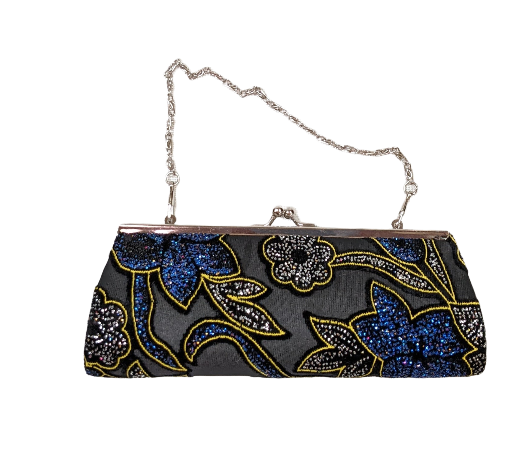 Black Sparkly Evening Bag with Chain Handle - unmarked  Black evening bag with blue and silver glittery flowers, a gold outline and chain handle.  Just the right siz