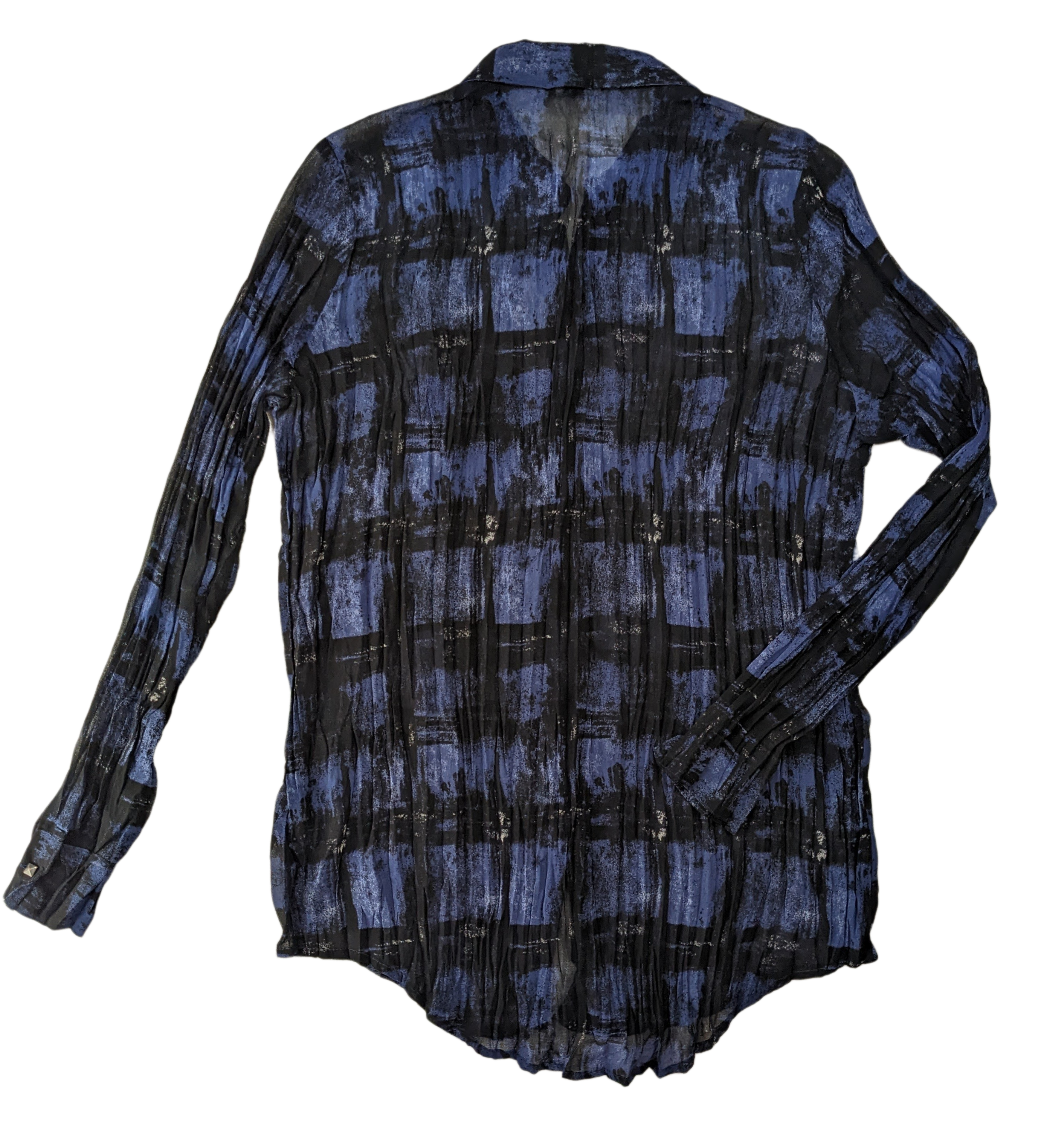 Rock & Republic Crinkle Sheer Blue and Black Button up Blouse  Add a touch of rock and roll to your style with this Rock &amp; Republic Crinkle Sheer Blue and Black Button 