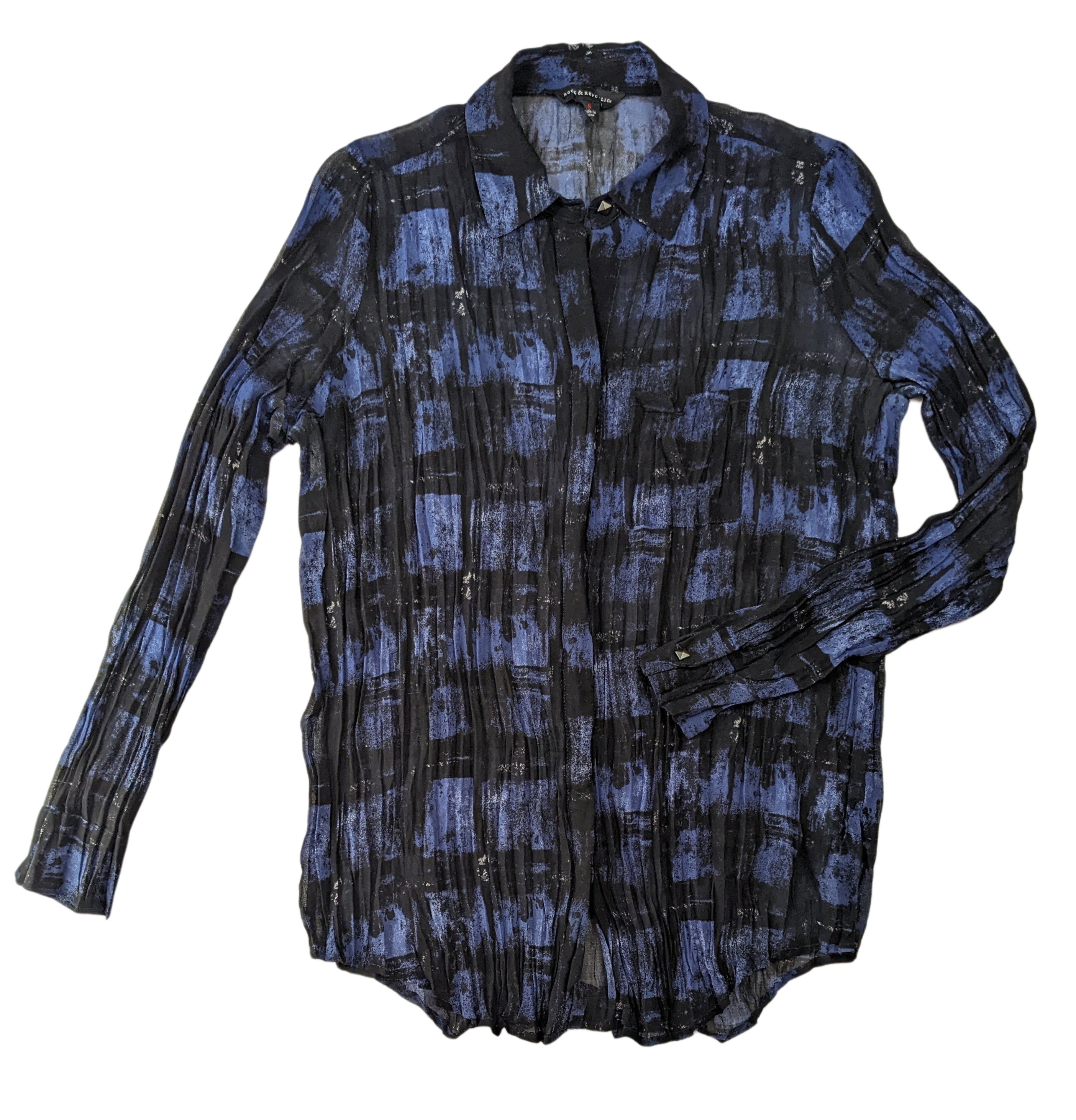 Rock & Republic Crinkle Sheer Blue and Black Button up Blouse  Add a touch of rock and roll to your style with this Rock &amp; Republic Crinkle Sheer Blue and Black Button 