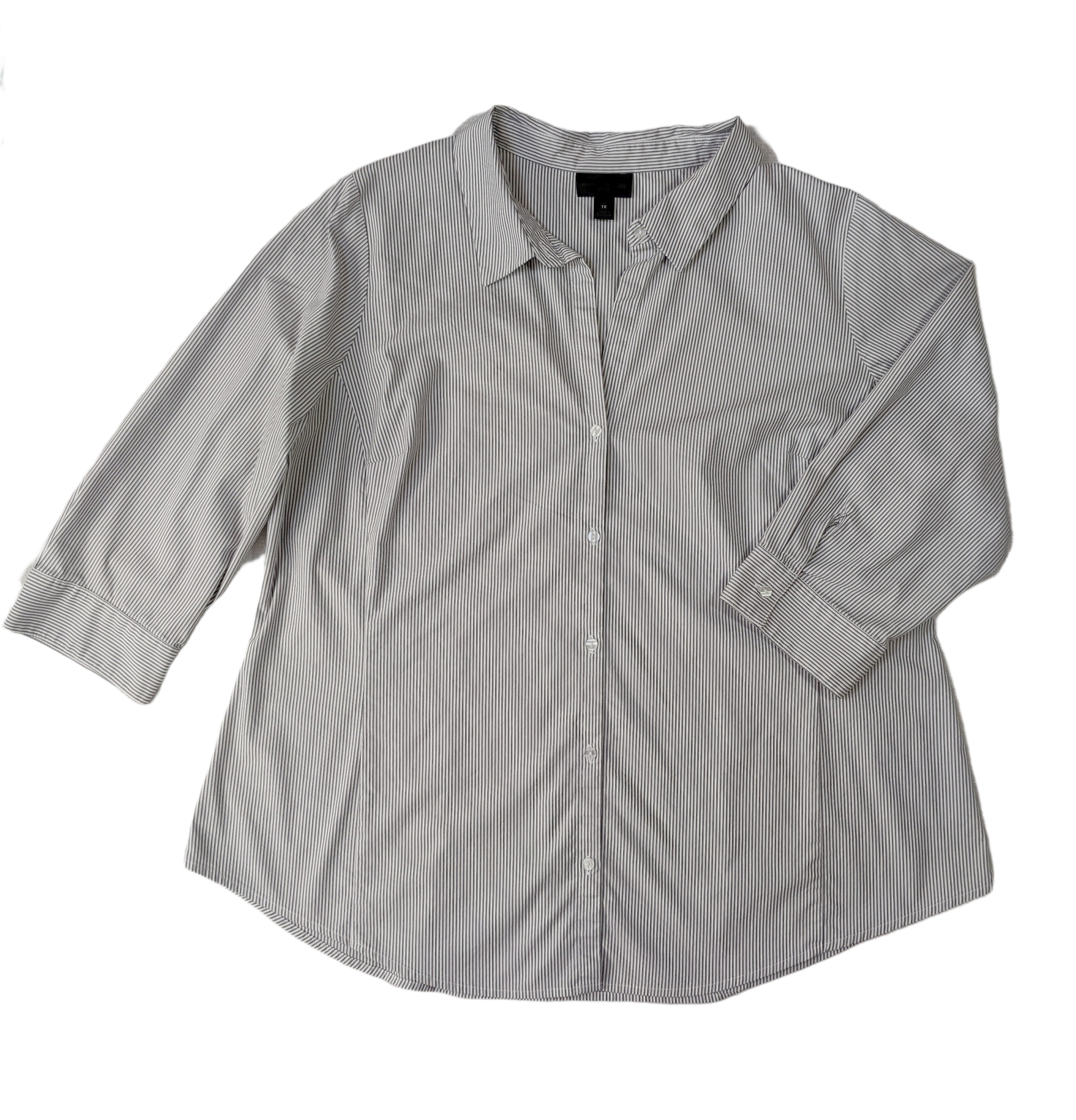 Worthington Button Up White Blouse with Navy Pinstripe Size 1X  Elevate your style with the Worthington Button Up White Blouse. Made with 4% spandex for a comfortable 