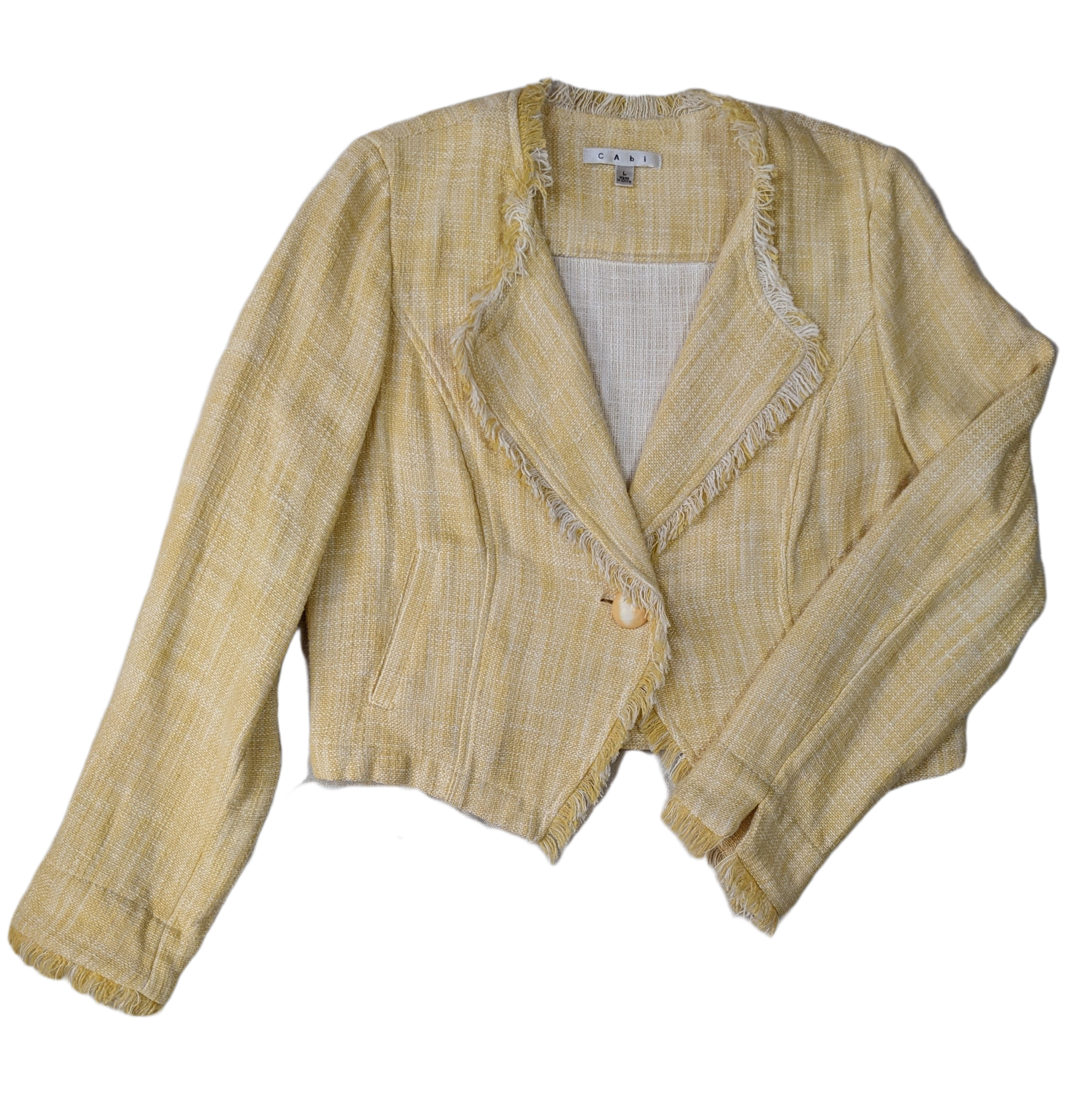 CAbi Yellow Tweed Blazer size L Elevate your wardrobe with our CAbi Yellow Tweed Blazer! Featuring a single button closure and frayed edges, this relaxed style blaze