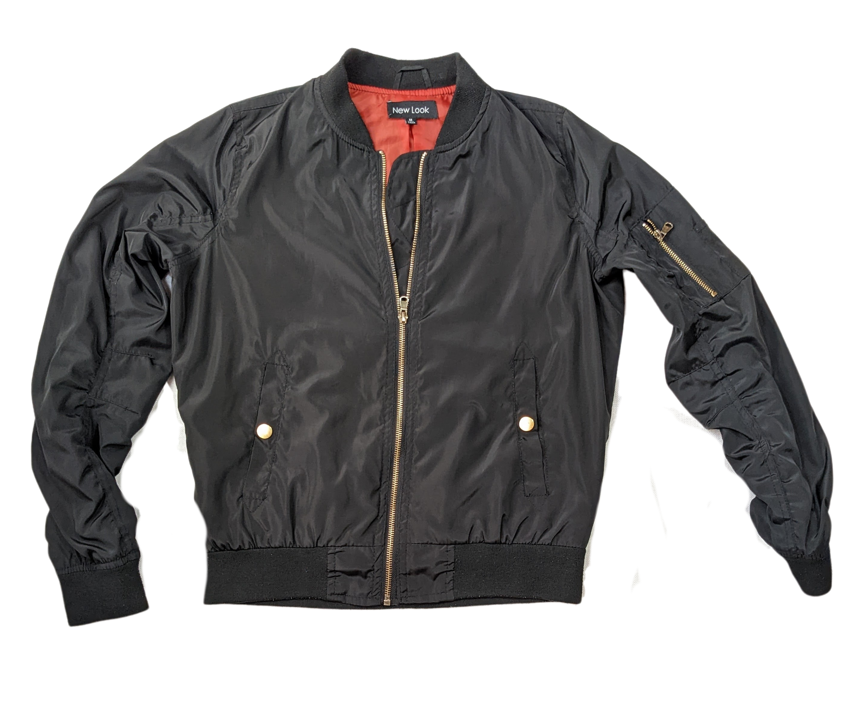 New Look Black Bomber Style Jacket When you need a good-looking jacket, with a little edge, this is your go-to!  It has slight ruching on the sleeves, and gold hardware for that extra style! Wear it w