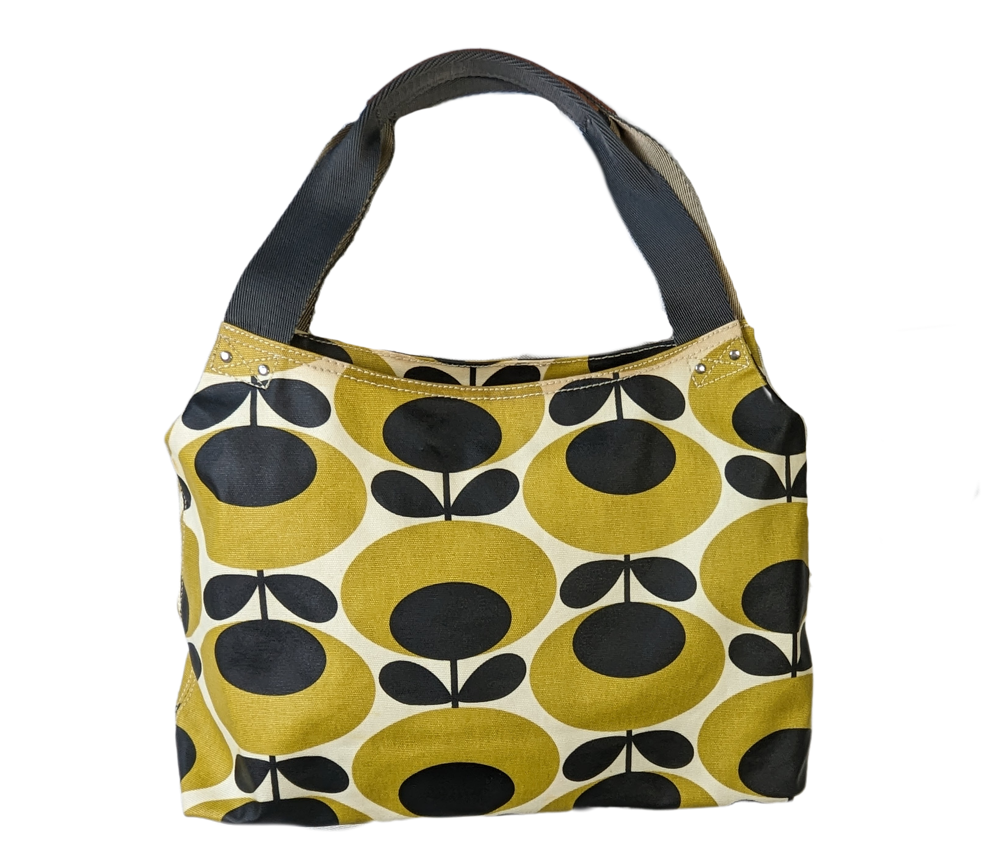 Orla Kiely Rare Mustard Forget-Me-Not Shoulder BagThis bag has such style. It is coated canvas and in excellent condition.  There is some discoloration along the top edge, and on the bottom seam that is detailed in Orla Kiely Rare Mustard Forget-Handbag