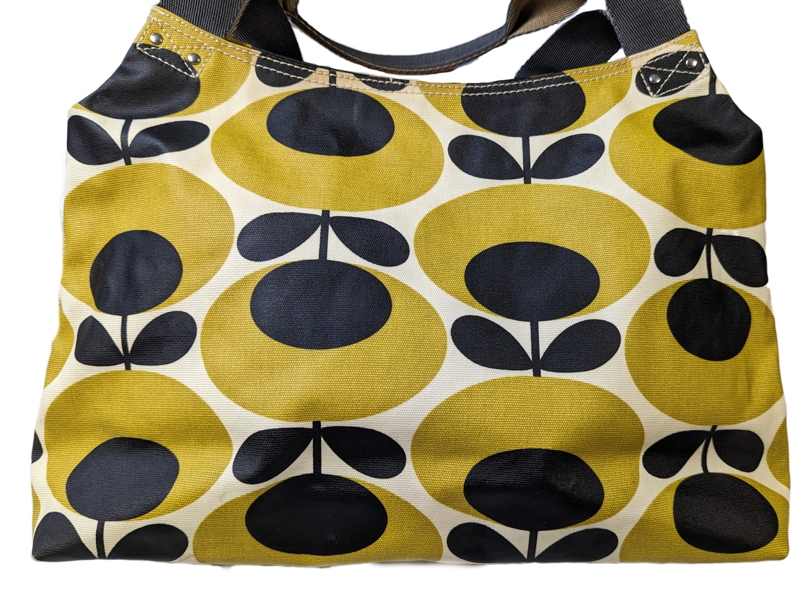 Orla Kiely Rare Mustard Forget-Me-Not Shoulder BagThis bag has such style. It is coated canvas and in excellent condition.  There is some discoloration along the top edge, and on the bottom seam that is detailed in Orla Kiely Rare Mustard Forget-Handbag