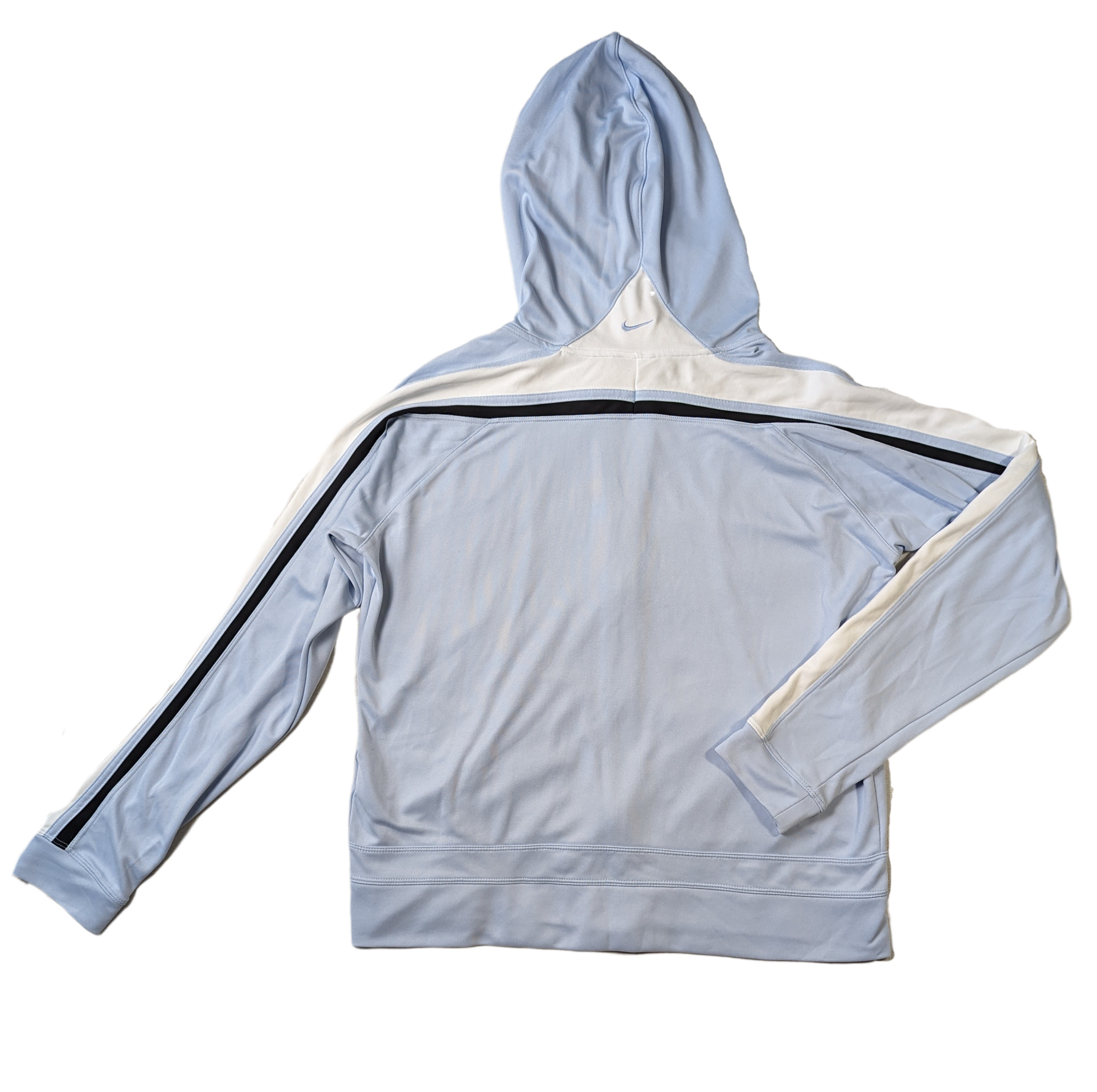 Nike Athletic Jacket With Hood Cool Baby Blue color on this cool jacket!  Great pockets on front, stripes on the sleeves and a logo on the back of the hood!