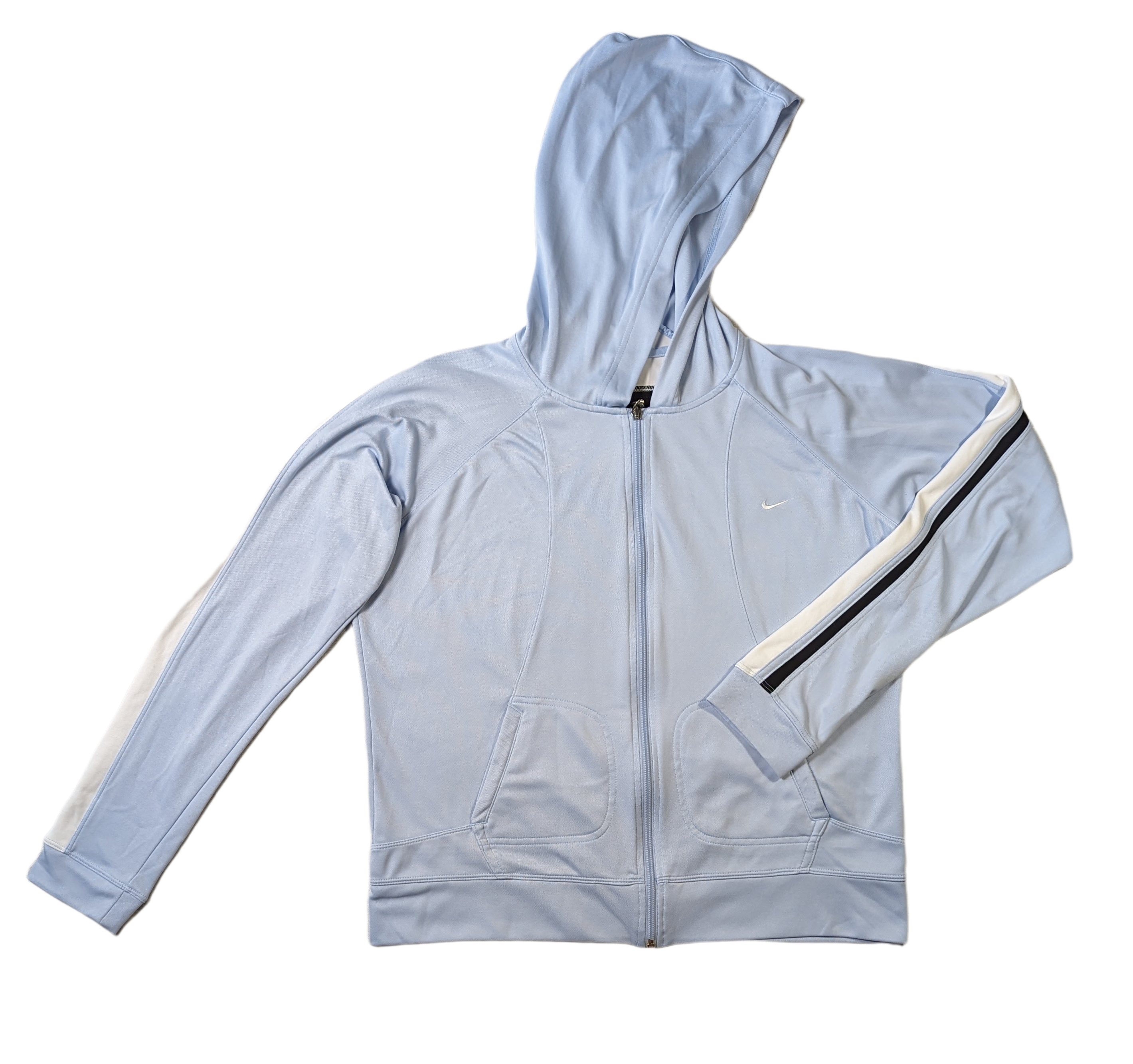 Nike Athletic Jacket With Hood Cool Baby Blue color on this cool jacket!  Great pockets on front, stripes on the sleeves and a logo on the back of the hood!