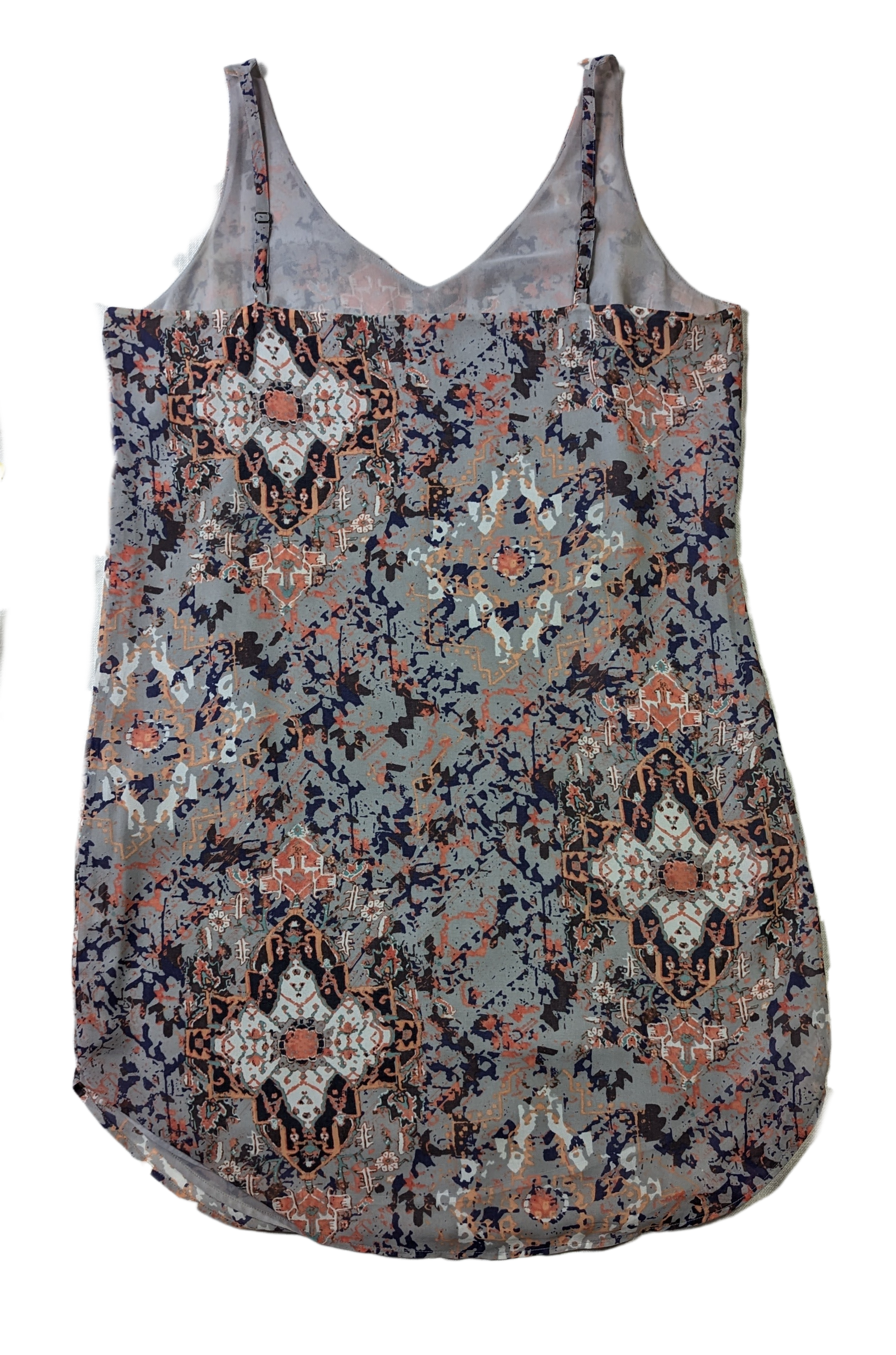 CAbi Strappy Print Dress Size M Elevate your wardrobe with the CAbi Strappy Print Dress. This size Medium dress features a unique grey, blue, white, and orange print