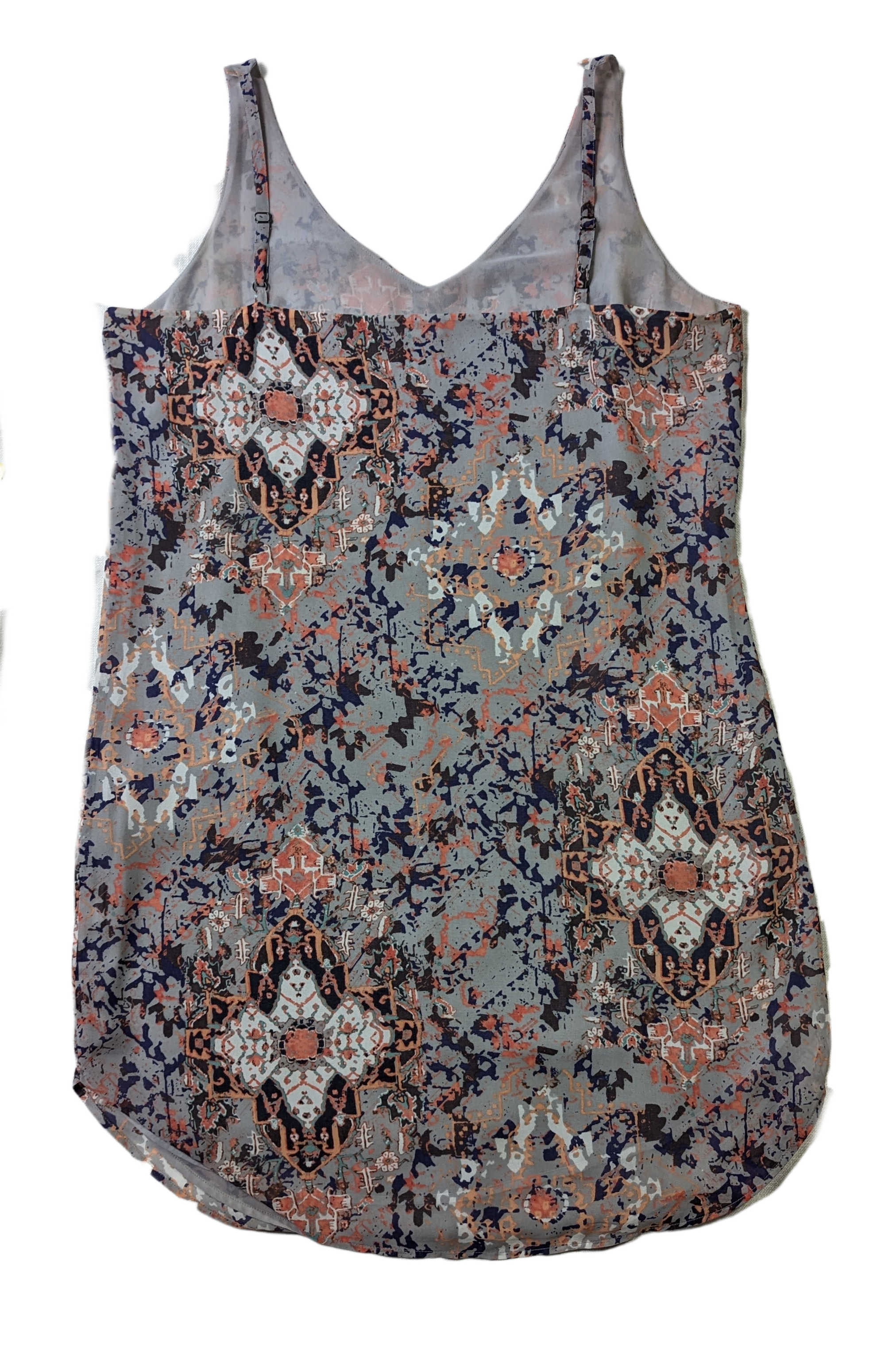 CAbi Strappy Print Dress Size M Elevate your wardrobe with the CAbi Strappy Print Dress. This size Medium dress features a unique grey, blue, white, and orange print