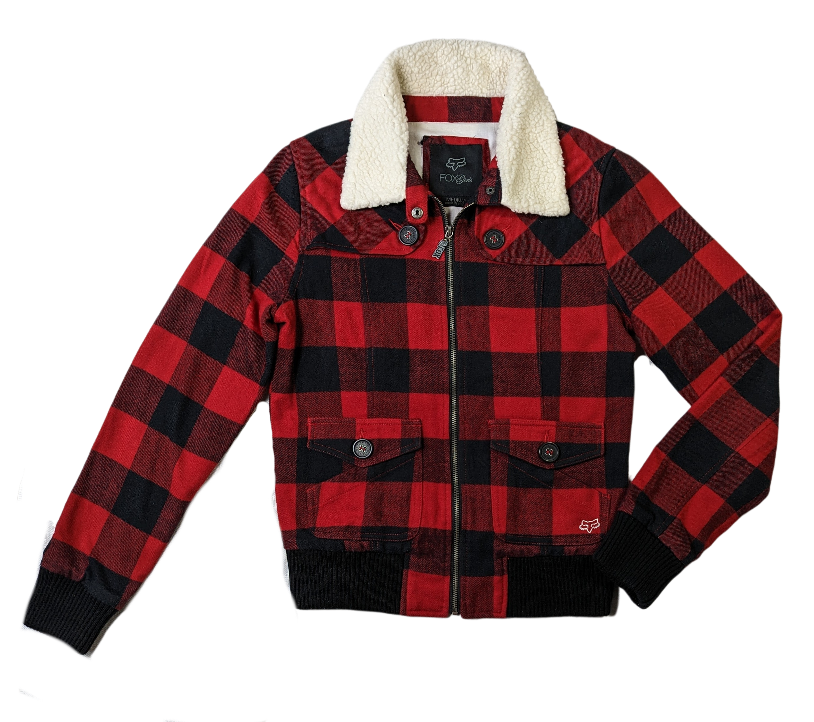 Fox Girls Black and Red Plaid Jacket Size Medium   Rock the streets in style with the Fox Girls Black and Red Plaid Jacket. This medium-sized jacket features a faux 