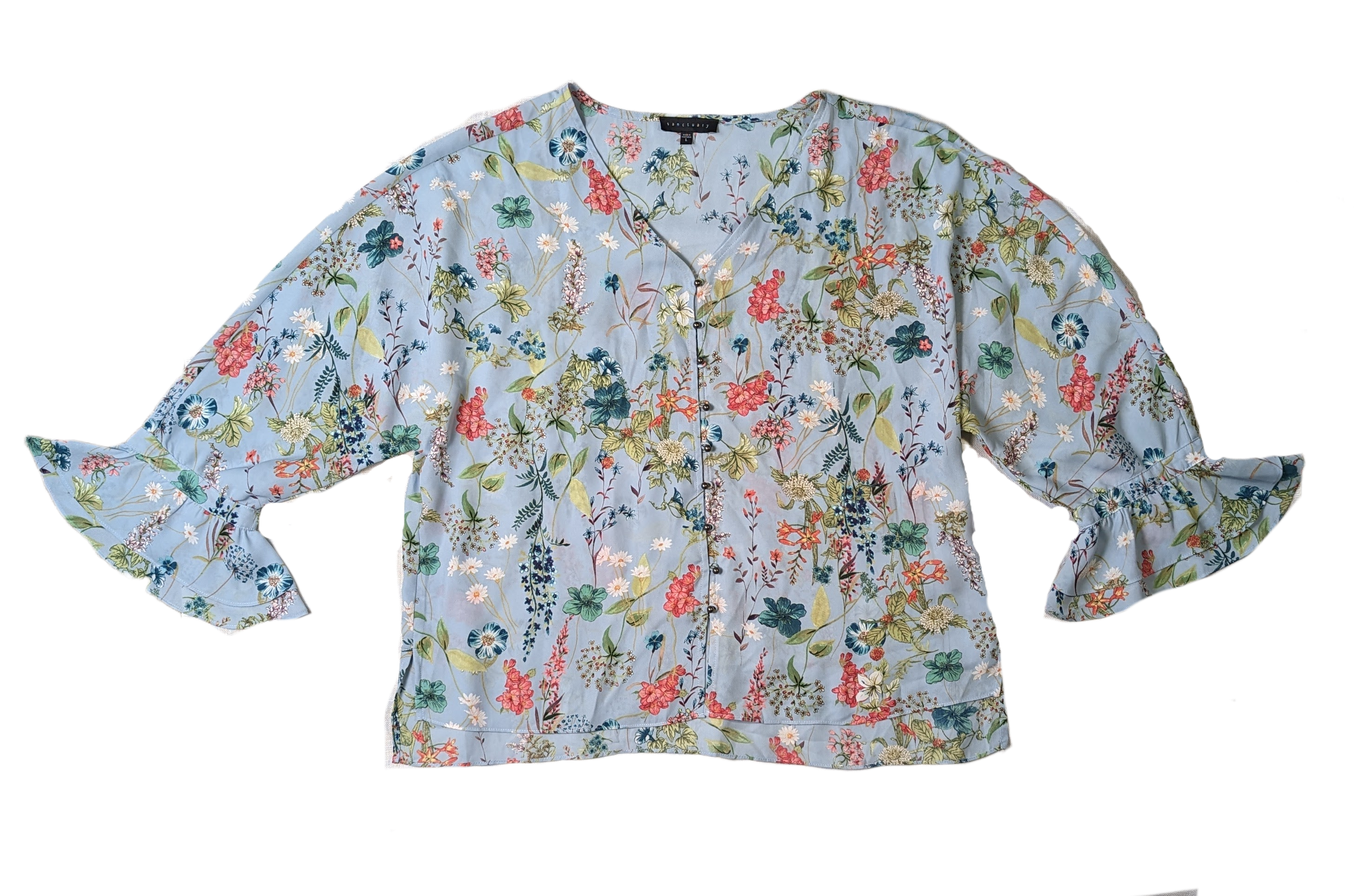 Sanctuary Button-up Floral BlouseThe lovely floral design on this blouse will make it a favorite of yours.  You can wear with jeans and sneakers for a casual look, or dress it up with a skirt and he