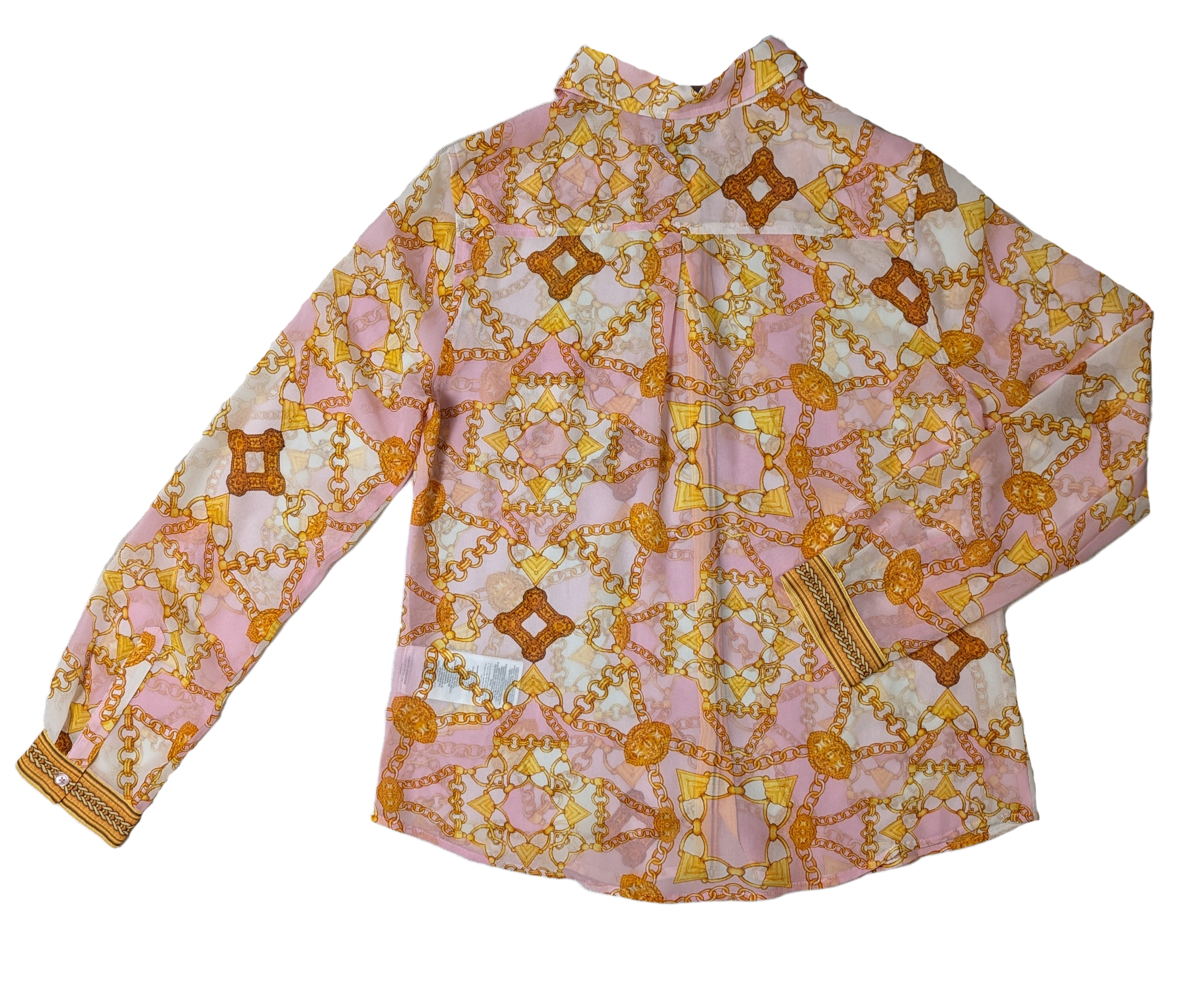 Guess Sheer Button-up BlouseSheer Blouse with a beautiful pink, yellow and white design.  Wear it with jeans and sneakers, or dress it up!
 