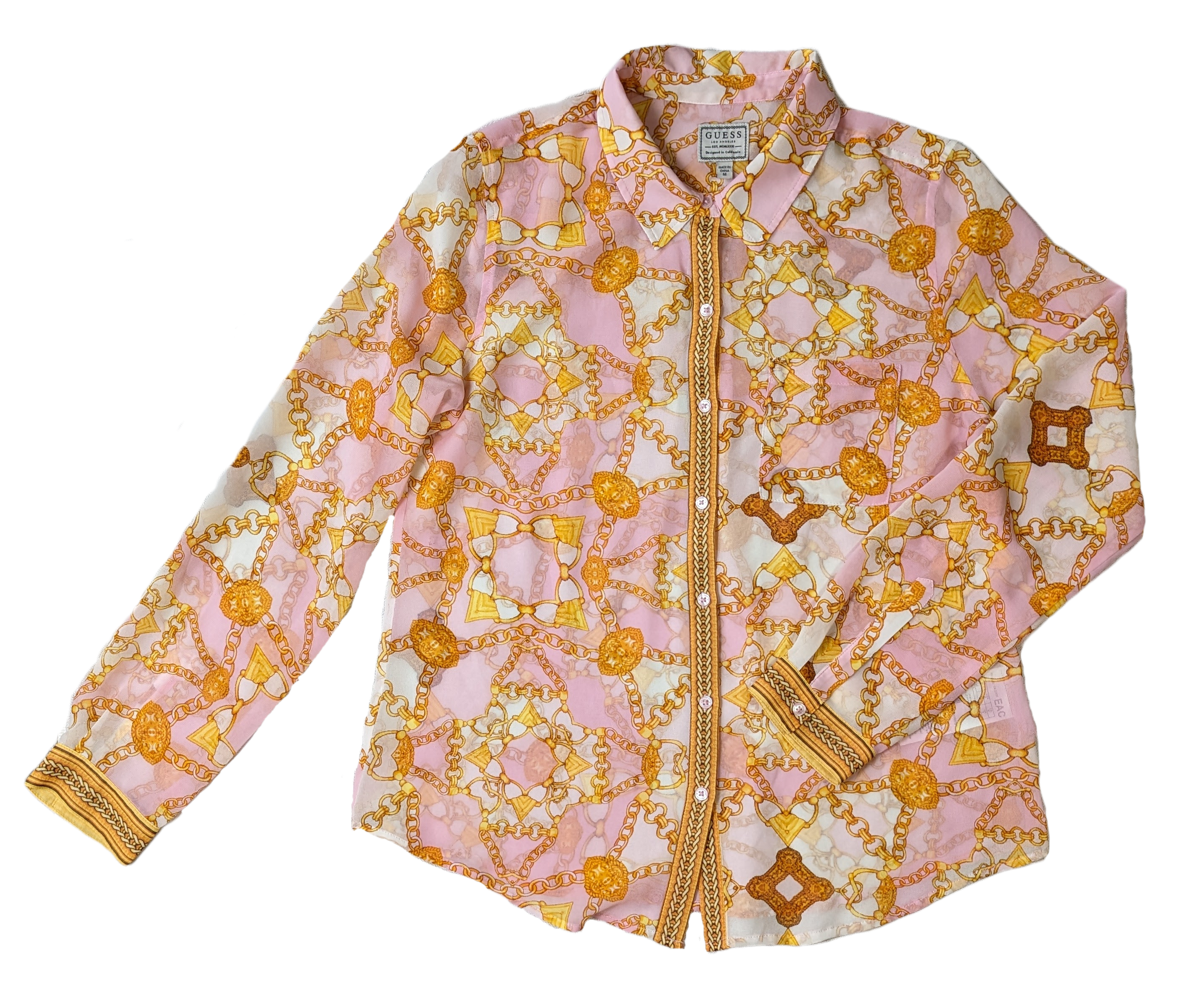 Guess Sheer Button-up BlouseSheer Blouse with a beautiful pink, yellow and white design.  Wear it with jeans and sneakers, or dress it up!
 