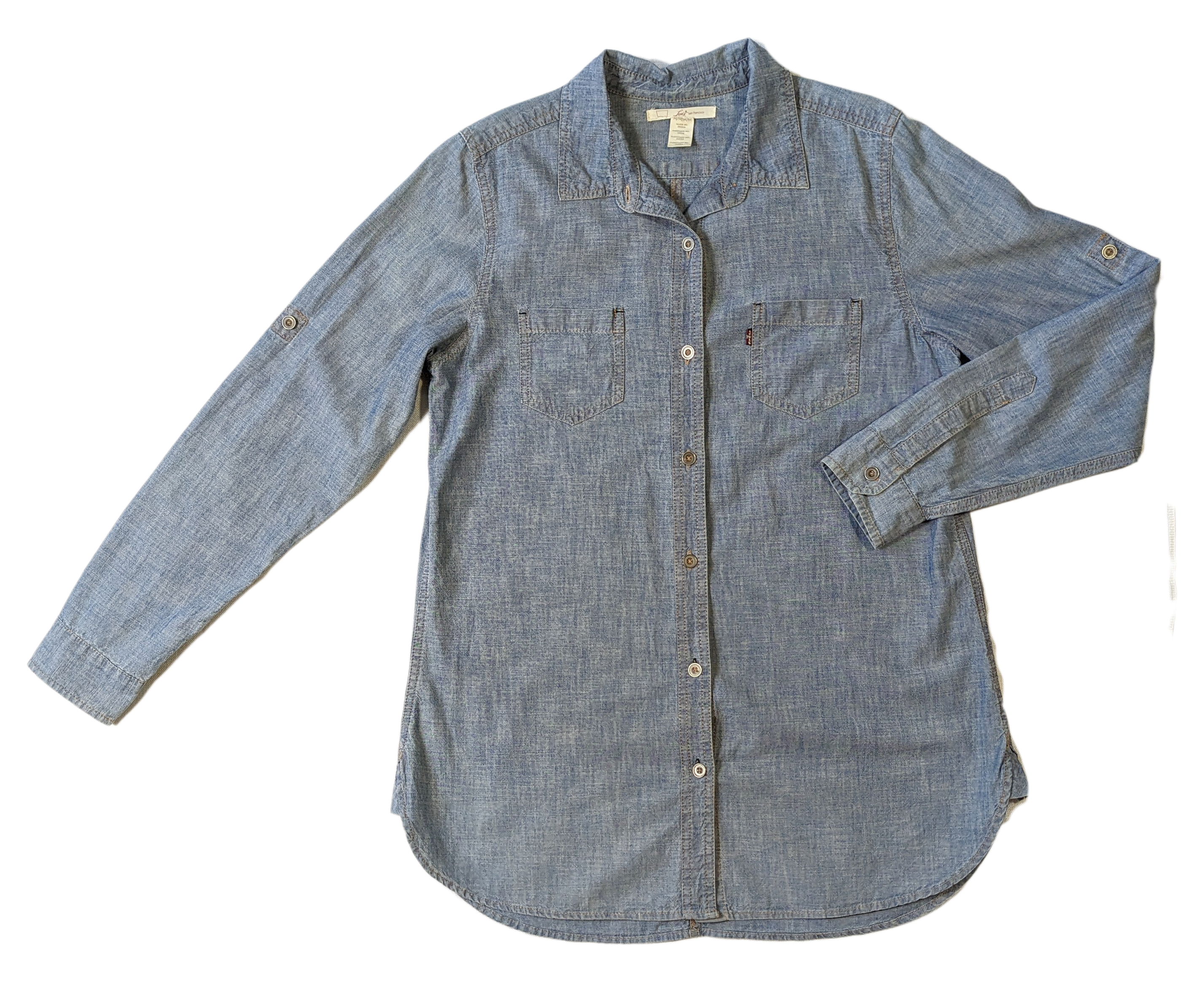 Levi's San Francisco Tunic Length Chambray Shirt A great chambray shirt can go a long way.  Wear it as a shirt, or as a short dress, or as a light-weight jacket!  Great metal buttons down the front add a nice styli