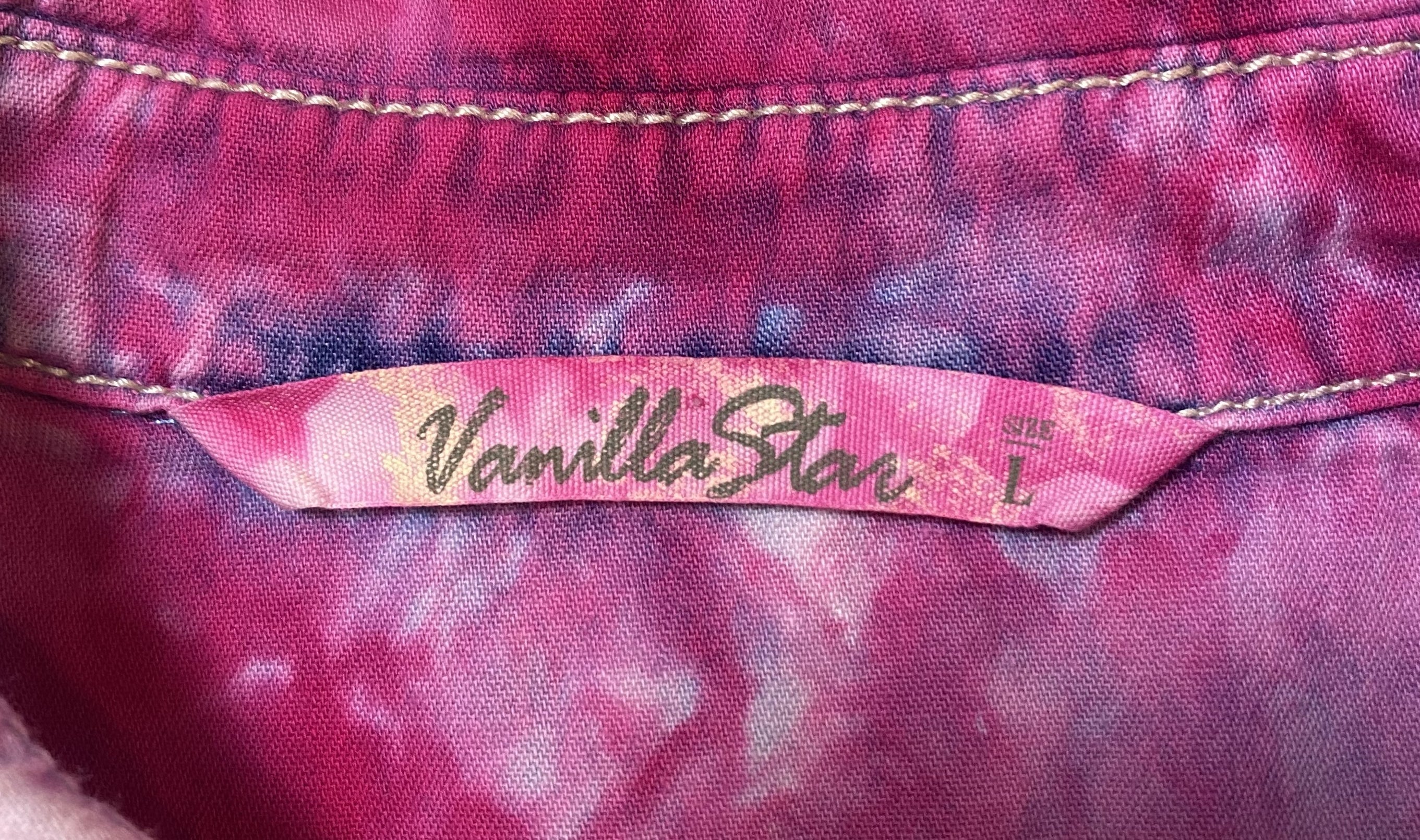 REFRESHED - Vanilla Star Hand Dyed Hot Pink Denim Shirt Refreshed - Beautifully hand marble dyed, hot pink with dark blue peeking though, button front long sleeve shirt. Perfect blouse to wear with everything to add a un