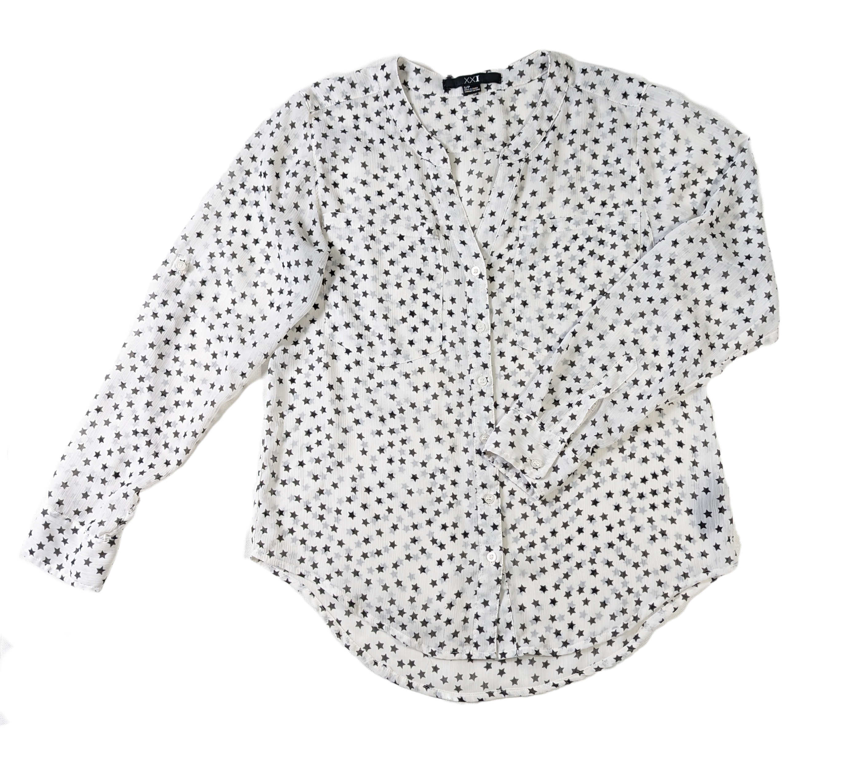 XXI Sheer Star Print BlouseThis is a great blouse to add a little interest in your outfit.  The star print is so fun!  You can wear it with jeans and sneakers, or dress it up with a black skir