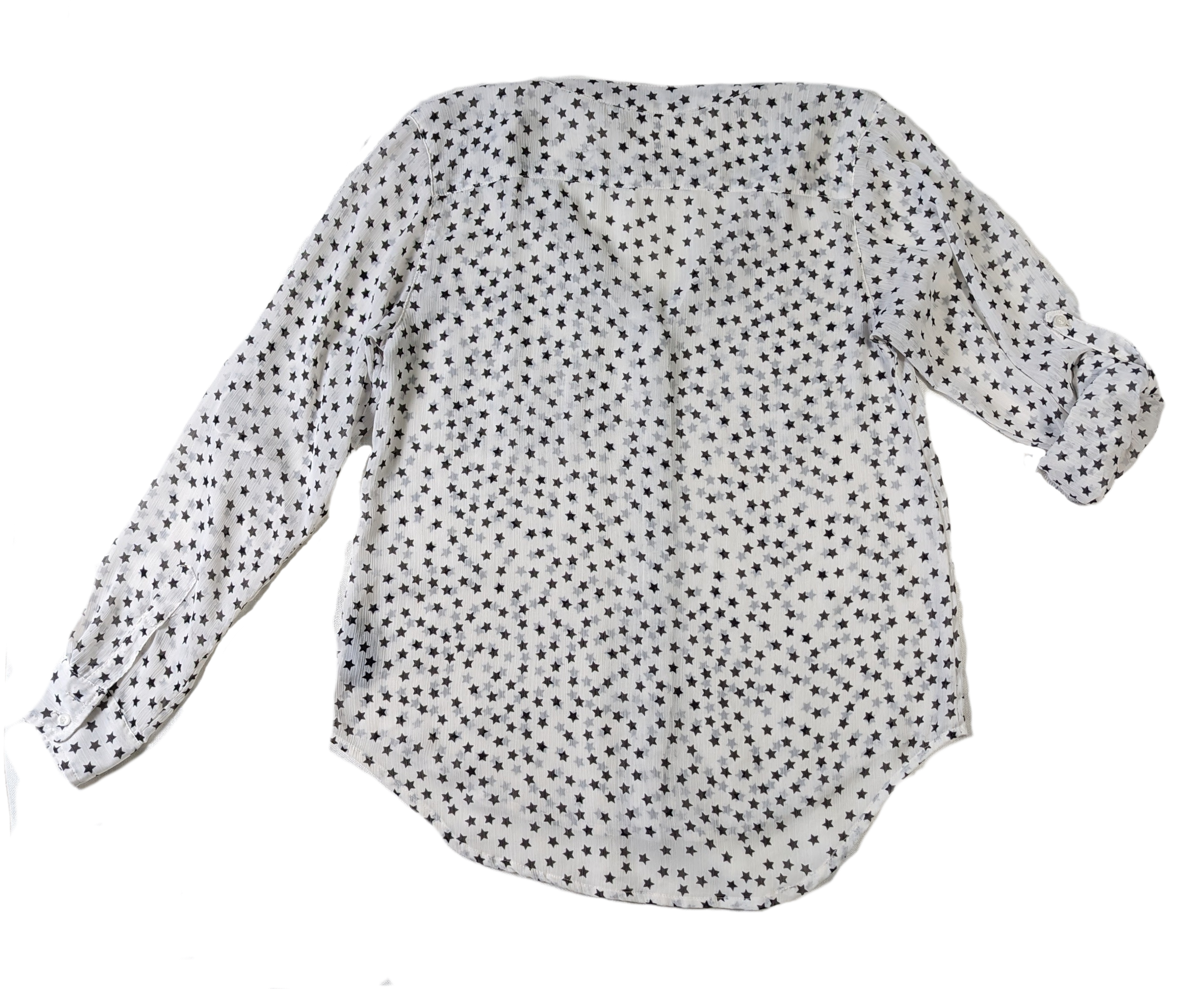 XXI Sheer Star Print BlouseThis is a great blouse to add a little interest in your outfit.  The star print is so fun!  You can wear it with jeans and sneakers, or dress it up with a black skir