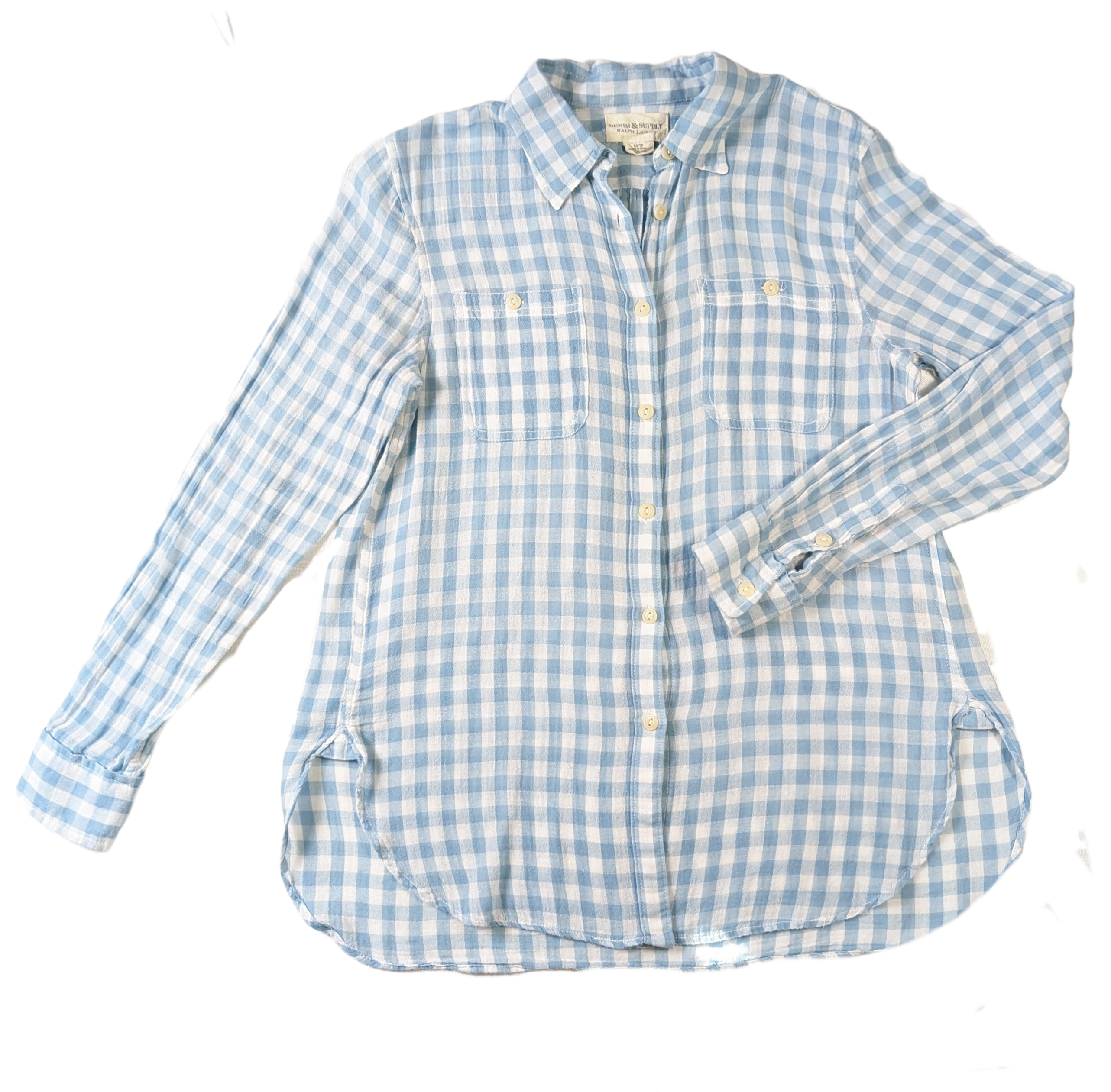 Denim & Supply Light Blue and White BlouseThis Denim &amp; Supply light blue and white plaid blouse is made from 100% cotton fabric and is lightweight and gauzy. This stylish piece is perfect for the upcomin