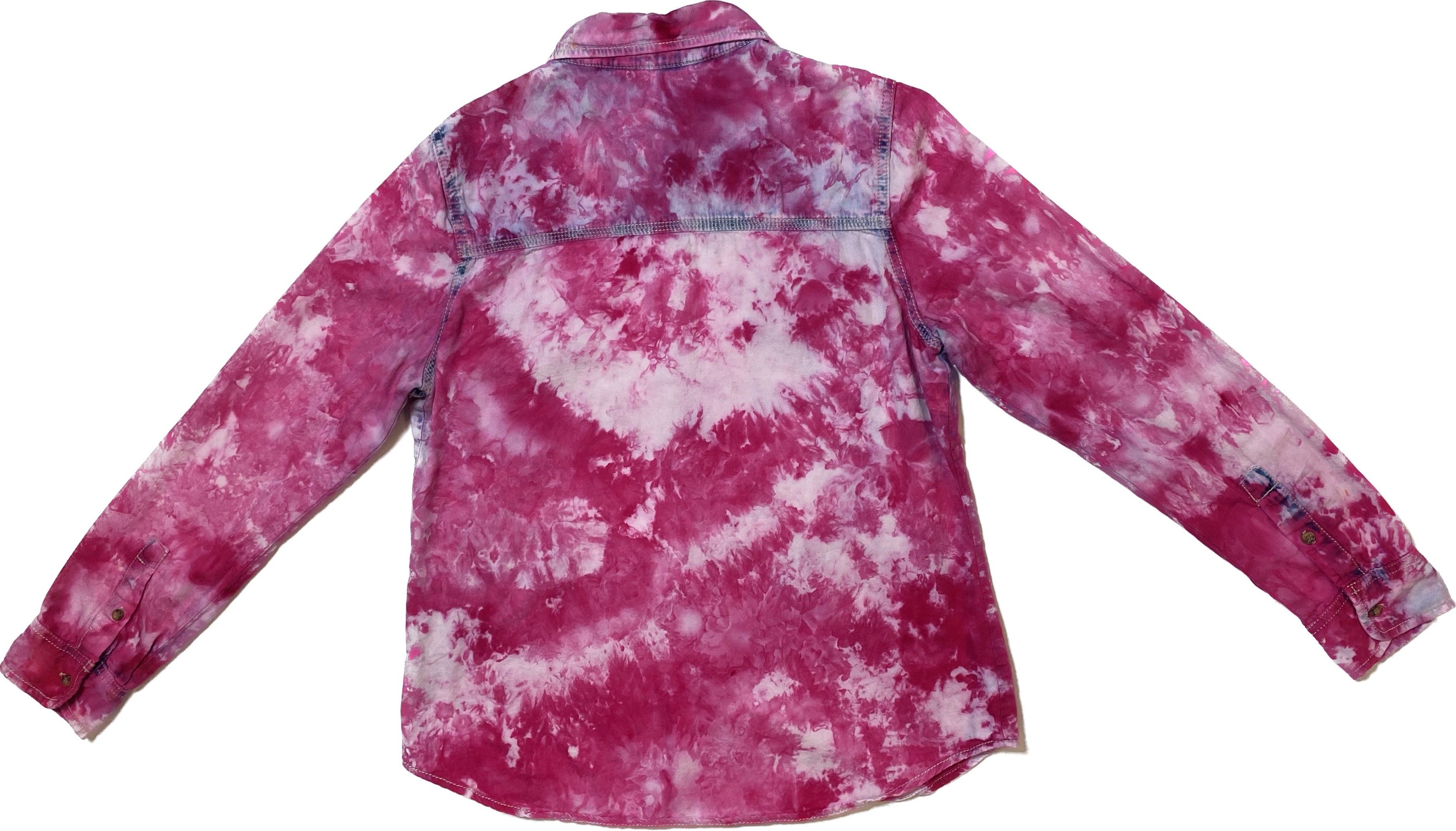 REFRESHED - Vanilla Star Hand Dyed Hot Pink Denim Shirt Refreshed - Beautifully hand marble dyed, hot pink with dark blue peeking though, button front long sleeve shirt. Perfect blouse to wear with everything to add a un