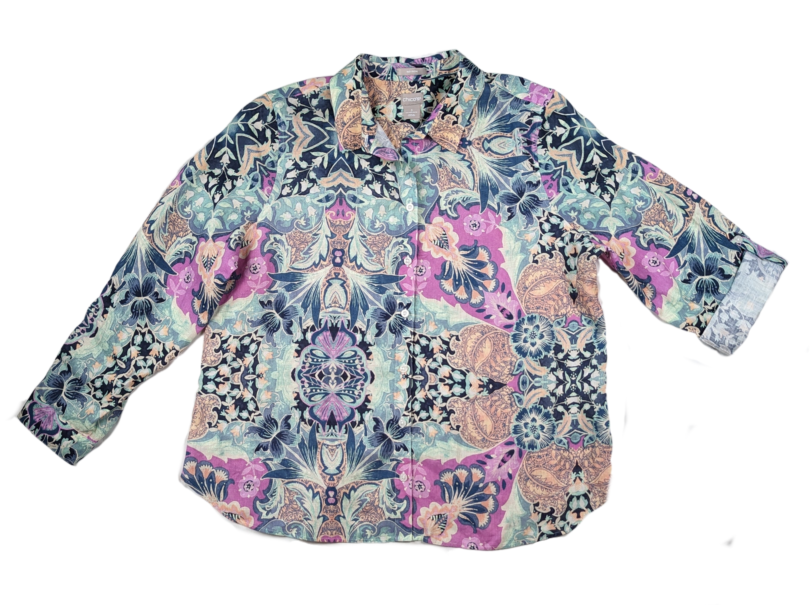 Chico's Floral Print Linen Blouse - NWT The beautiful print of this blouse makes it a perfect addition to your spring/summer wardrobe.  It will look perfect paired with white pants and sandals, or with a pBlouseChico's Floral Print Linen Blouse - NWTFloral Print Linen Blouse - NWT