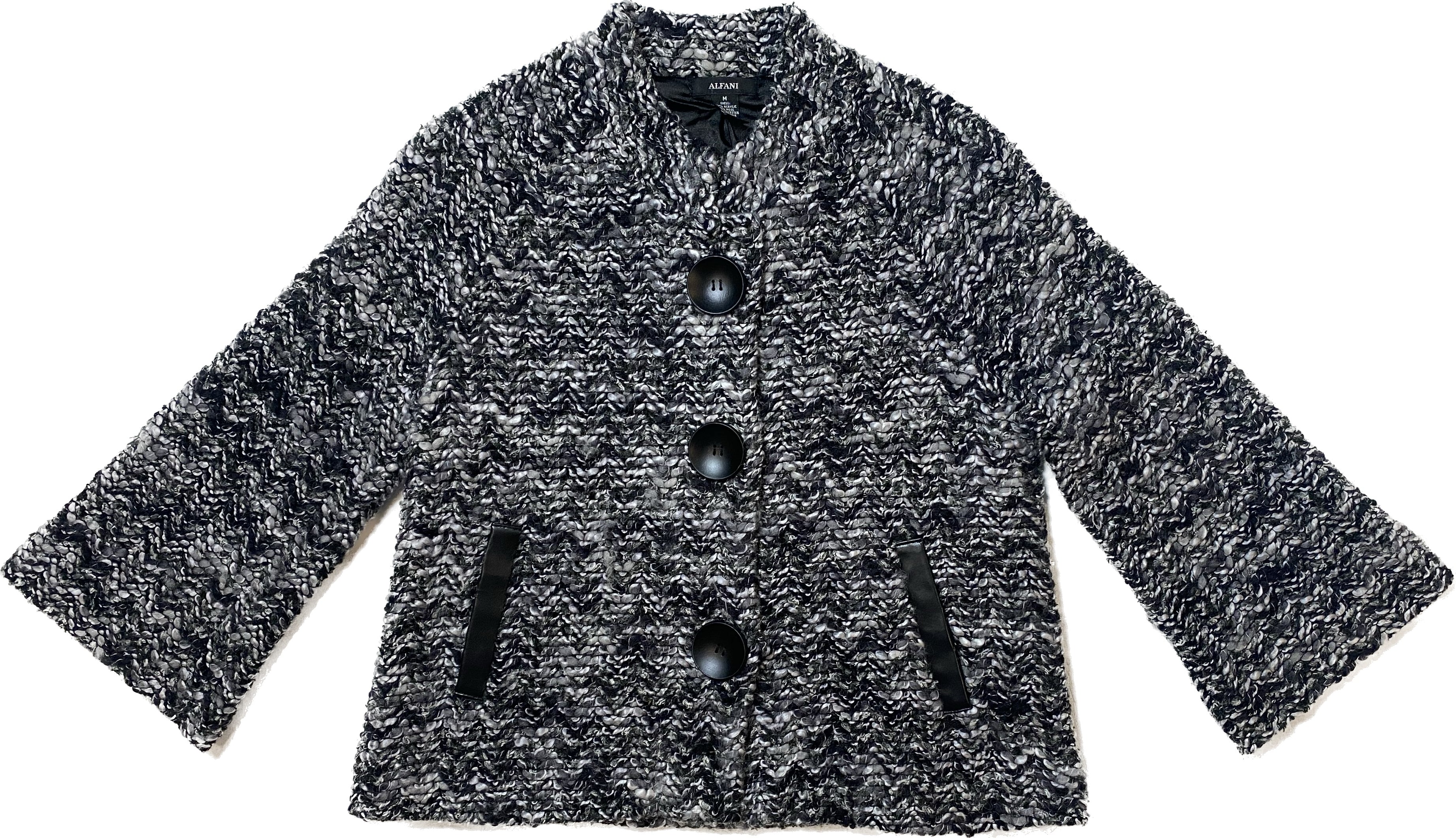 Alfani Cropped Mandarin Collar Black & White Lined Bouclé 3/4 Sleeve This jacket has a vintage vibe with the swing cut, large buttons and trimmed pockets. Wear to keep the chill away, or pair as a statement piece with jeans and chunk