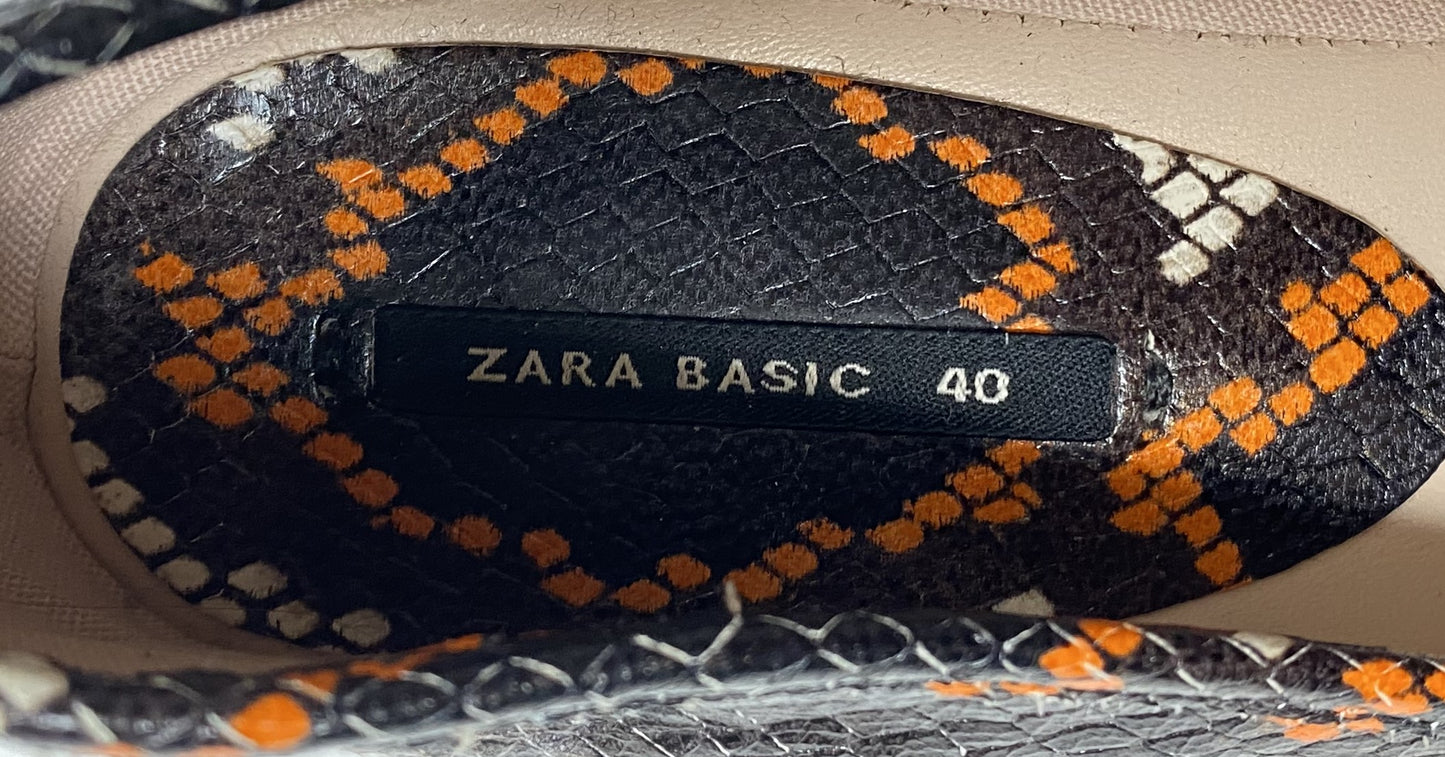 Zara Basic Collection Black and Orange Snake Skin Print Shoes Very cool round heel and round toe Zara shoes. These are the perfect non basic to add to your wardrobe.Orange Snake Skin Print ShoesShoes