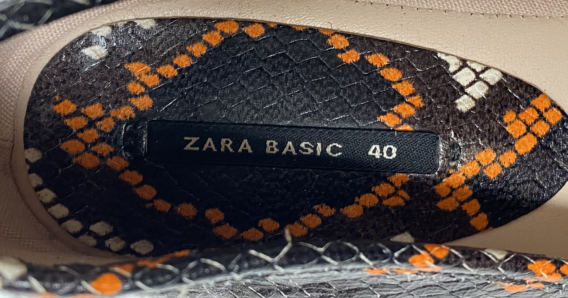 Zara Basic Collection Black and Orange Snake Skin Print Shoes Very cool round heel and round toe Zara shoes. These are the perfect non basic to add to your wardrobe.Orange Snake Skin Print ShoesShoes