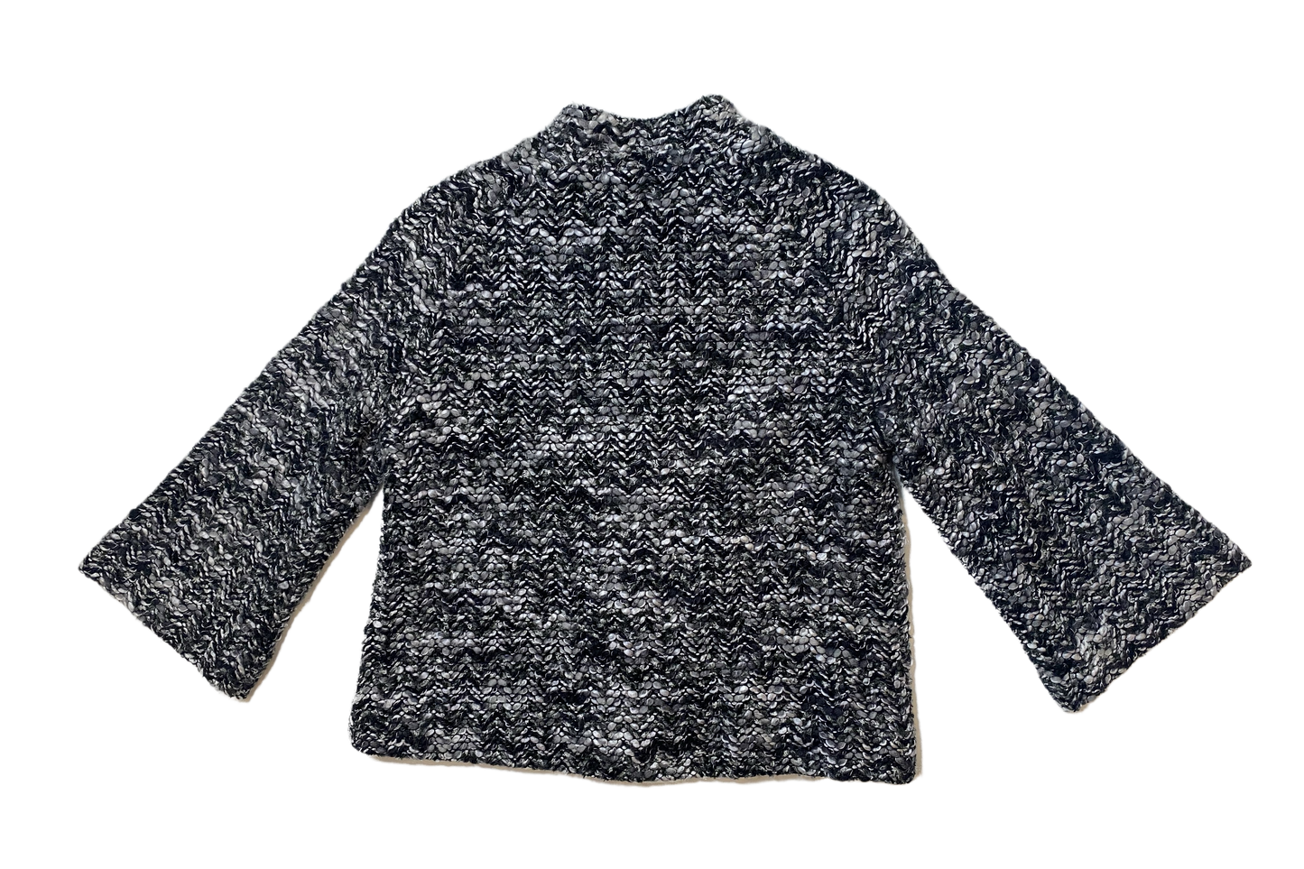 Alfani Cropped Mandarin Collar Black & White Lined Bouclé 3/4 Sleeve This jacket has a vintage vibe with the swing cut, large buttons and trimmed pockets. Wear to keep the chill away, or pair as a statement piece with jeans and chunk