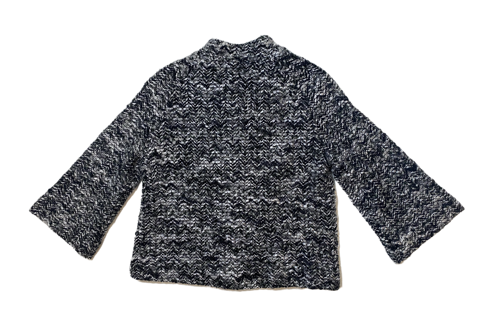 Alfani Cropped Mandarin Collar Black & White Lined Bouclé 3/4 Sleeve This jacket has a vintage vibe with the swing cut, large buttons and trimmed pockets. Wear to keep the chill away, or pair as a statement piece with jeans and chunk