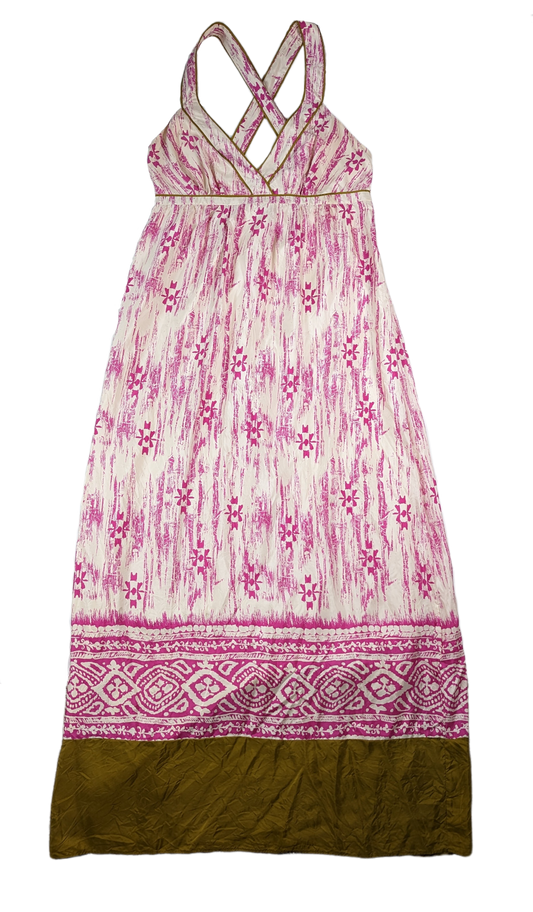 Ann Taylor Loft Silk Maxi Sundress with criss-cross straps and vibrant is a picture perfect piece! Soft ivory silk is adorned with a vivid magenta print, while the strapped criss cross back and olive green tDressesLoft Silk Maxi SundressLoft Silk Maxi Sundress
