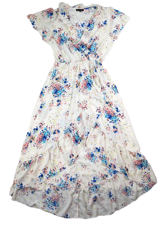 As U Wish Cream Floral High-Low Dress with Ruffle at NeckUnleash your inner flower child with our As U Wish Floral High-Low Dress! Featuring a beautiful cream floral print, high-low hem, and ruffle detail around the neck aFloral High-Low DressDresses