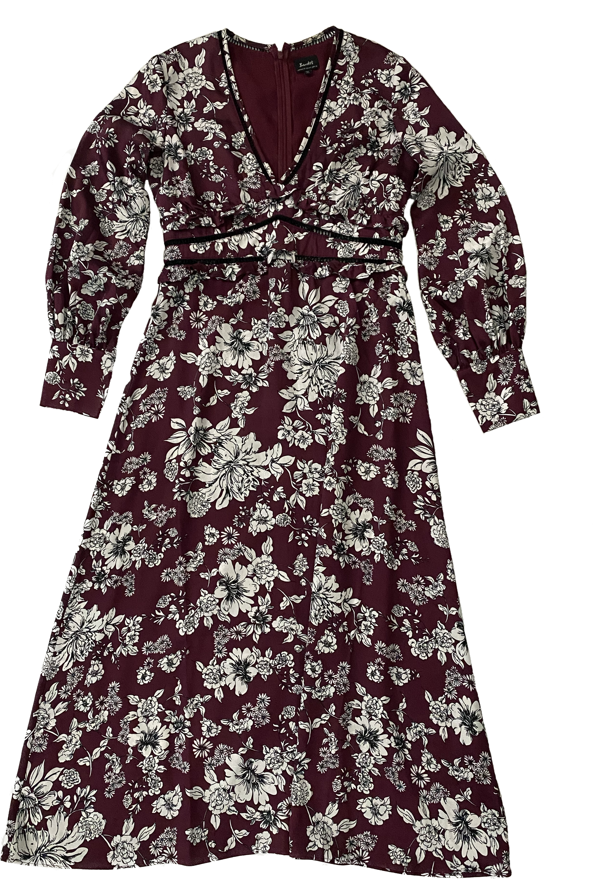 Bardot Burgundy and White Floral Dress This charming dress is so easy to wear! Such pretty details.