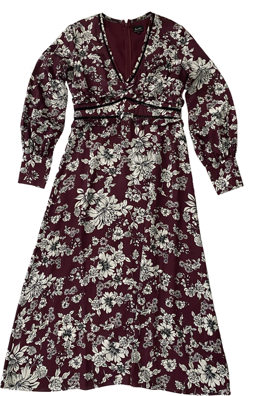 Bardot Burgundy and White Floral Dress This charming dress is so easy to wear! Such pretty details.