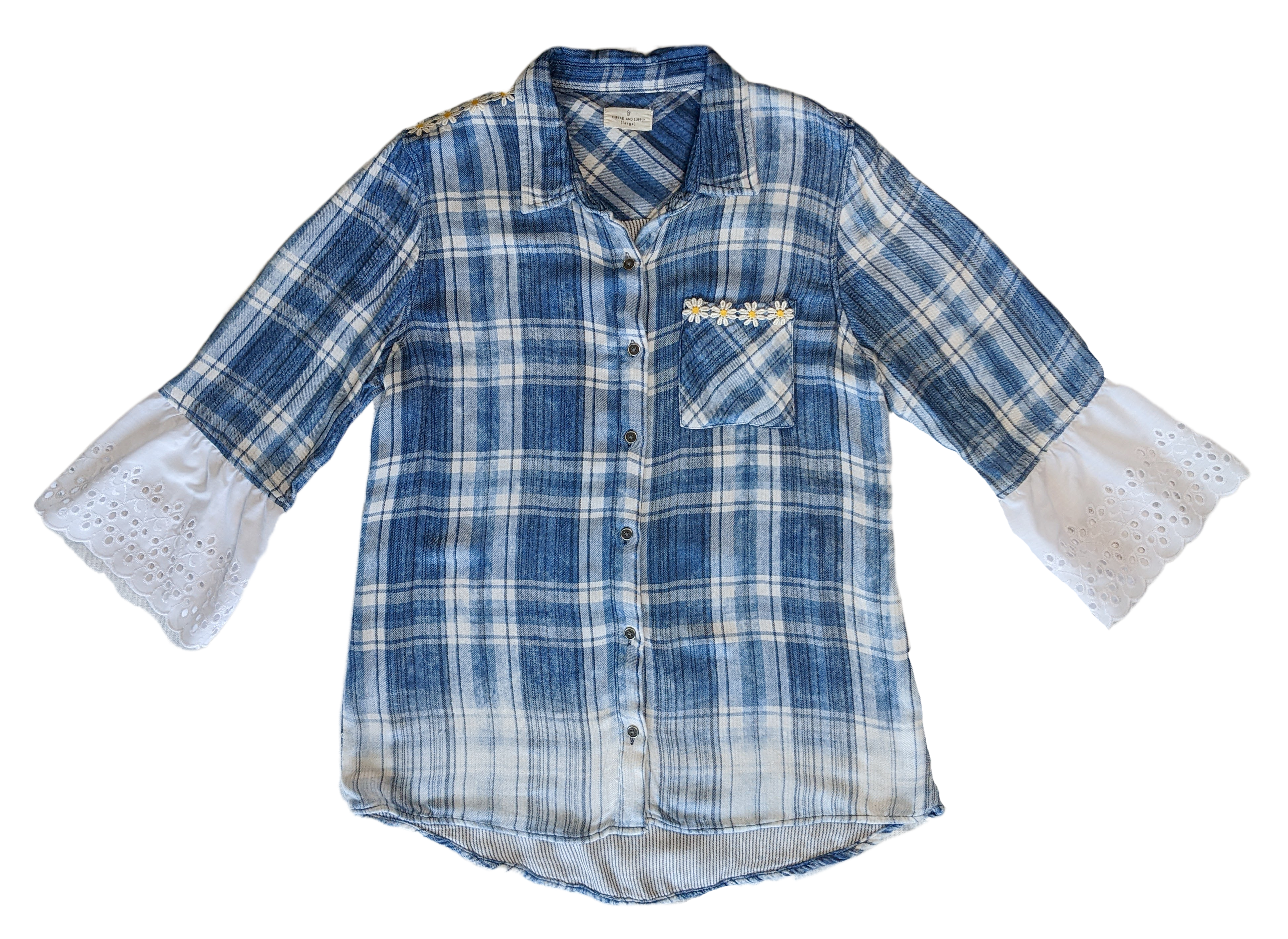 REFRESHED- Thread And Supply Blue Plaid Upcycled blouse Upgrade your wardrobe with our REFRESHED Thread And Supply Blue Plaid Upcycled blouse. This playful and styl