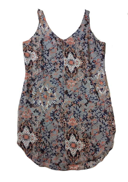 CAbi Strappy Print Dress Size M Elevate your wardrobe with the CAbi Strappy Print Dress. This size Medium dress features a unique grey, blue, white, and orange print