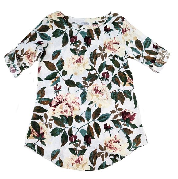 Cellabie White Floral Shift DressLong Sleeved, Roll-tab, Short length, green and pink floral
 Cellabie White Floral Shift DressDresses