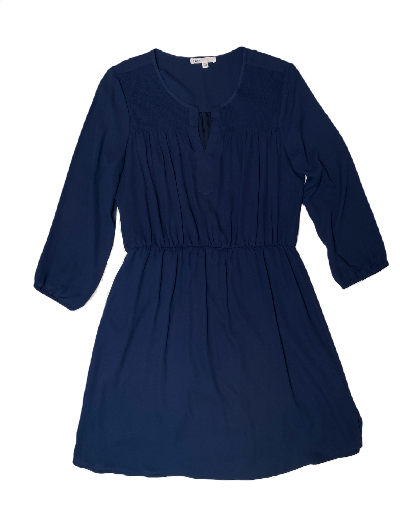 DR2 Navy Blue Short Dress with 3/4 SleevesLight weight navy blue dress with split neck, elastic waist and 3/4 sleeves.
Pair this dress with a brown belt and tall brown boots for a classic Fall look!
