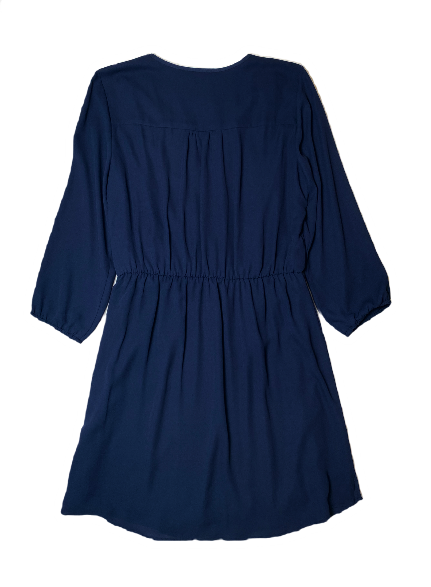 DR2 Navy Blue Short Dress with 3/4 SleevesLight weight navy blue dress with split neck, elastic waist and 3/4 sleeves.
Pair this dress with a brown belt and tall brown boots for a classic Fall look!