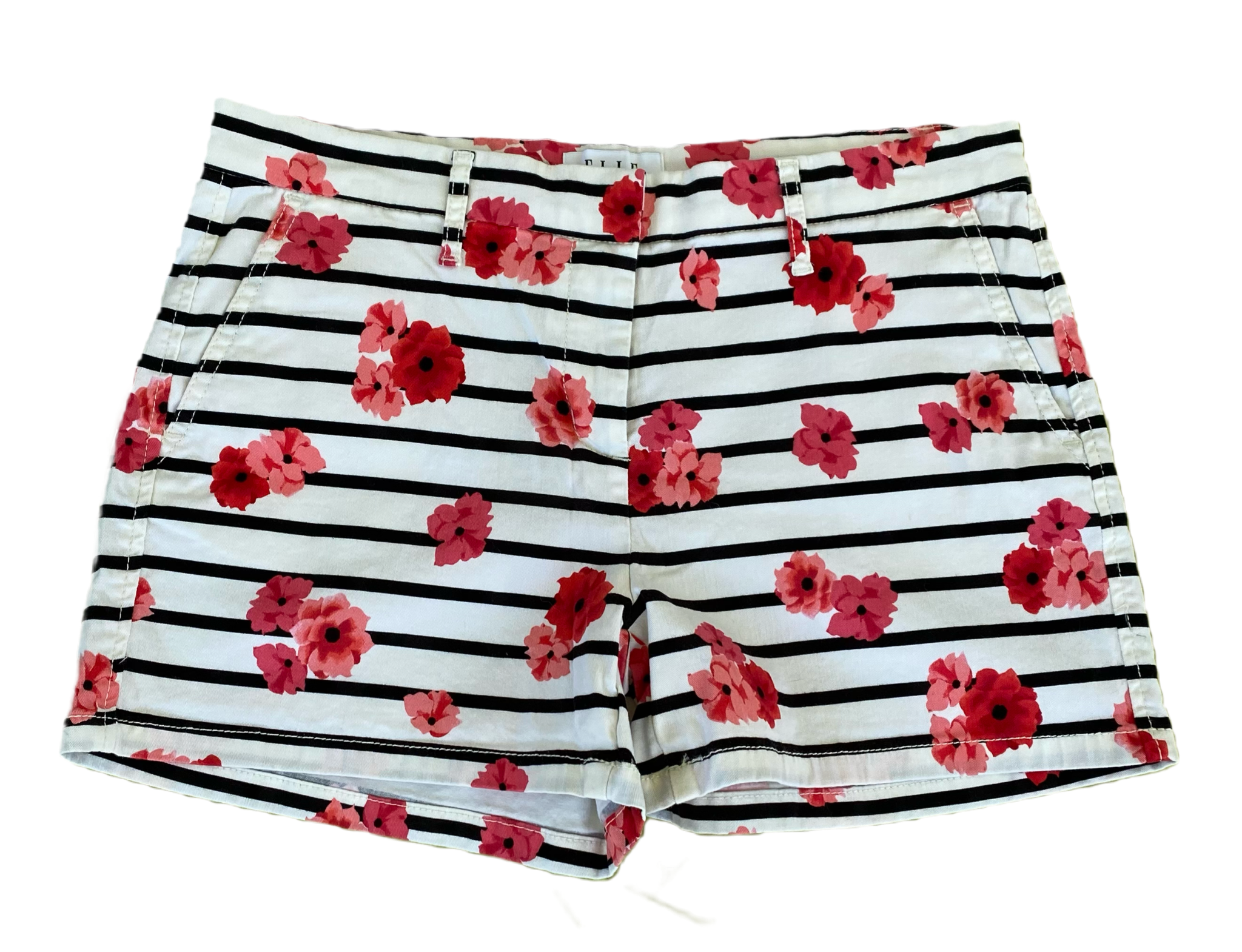 ELLE White Printed Shorts with black stripes, pink flowers and side po  