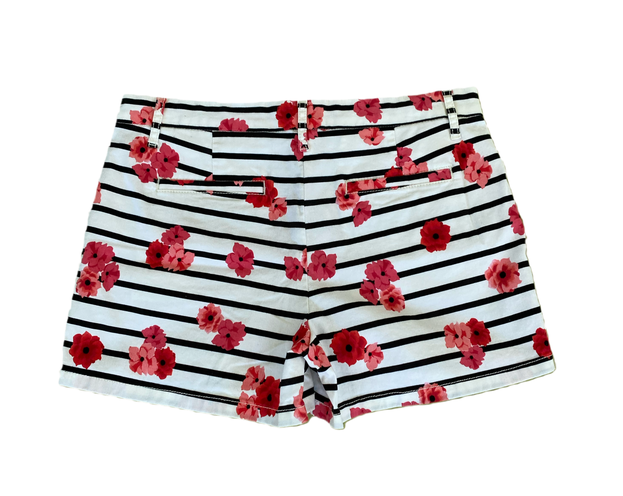 ELLE White Printed Shorts with black stripes, pink flowers and side po