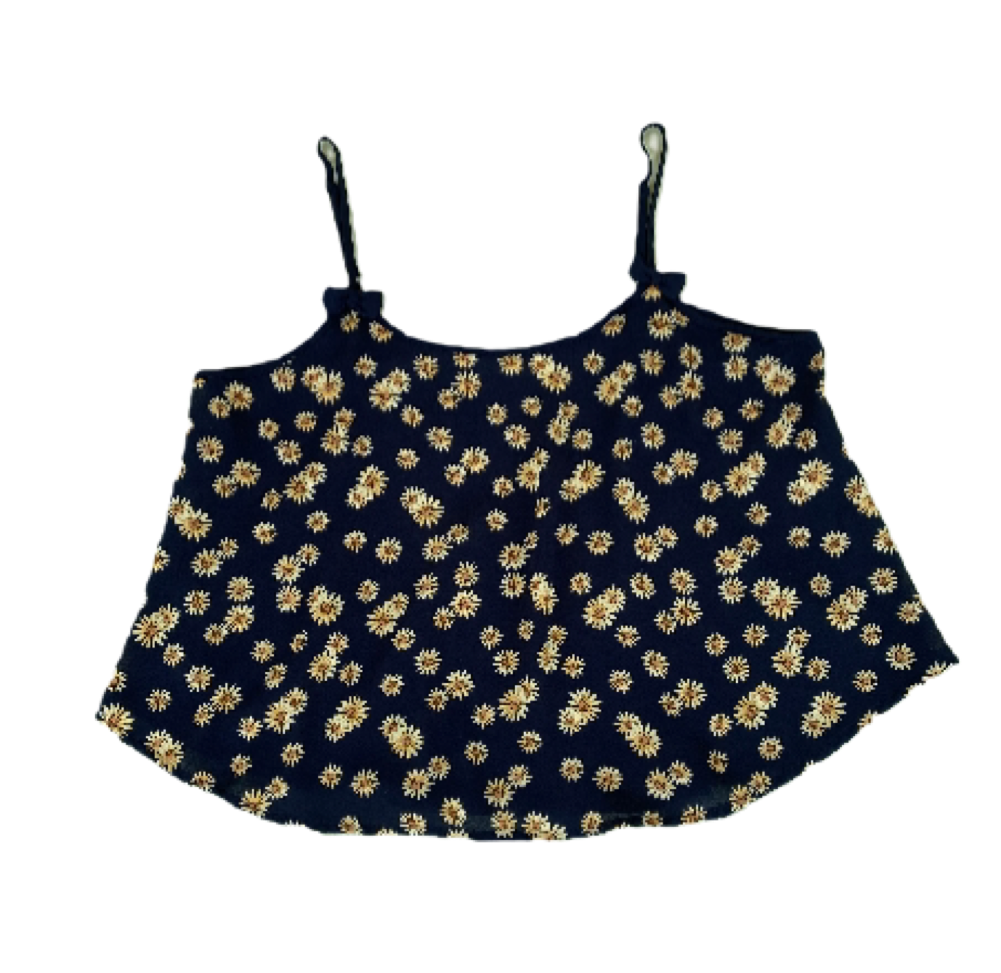 E M Spaghetti Strap top black with yellow sunflowers and tiny bows at 