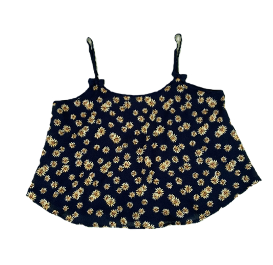 E M Spaghetti Strap top black with yellow sunflowers and tiny bows at 