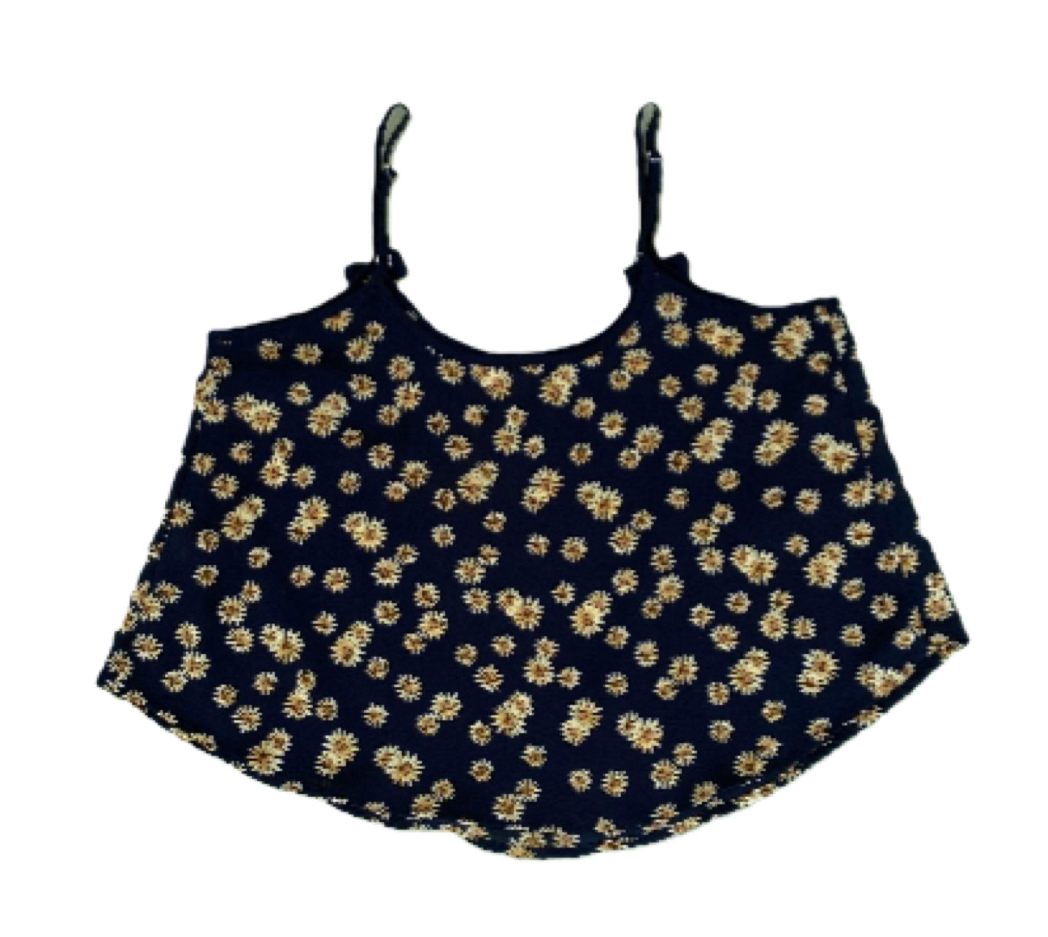 E M Spaghetti Strap top black with yellow sunflowers and tiny bows at 