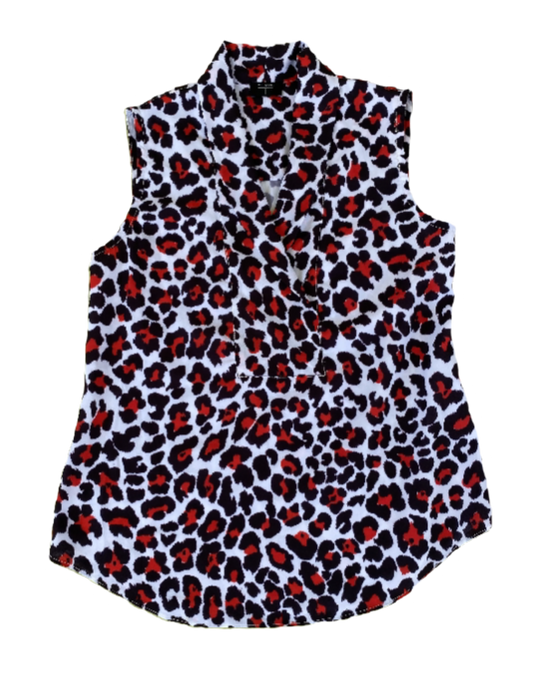 Tahari sleeveless printed blouse with red and blue print a captivating