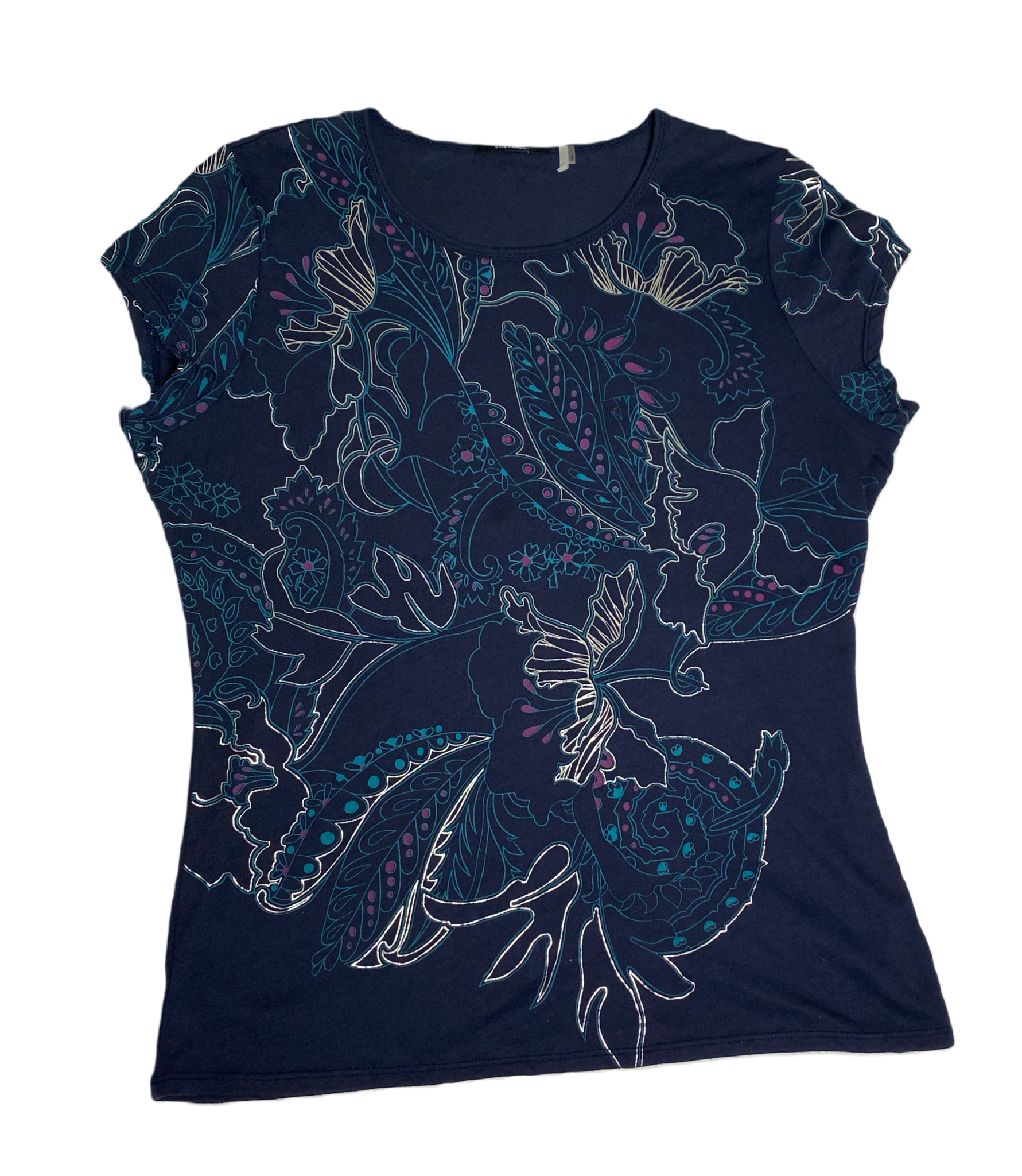 Elie Tahari Blue T-shirt with Graphic with cap sleeve a captivating em