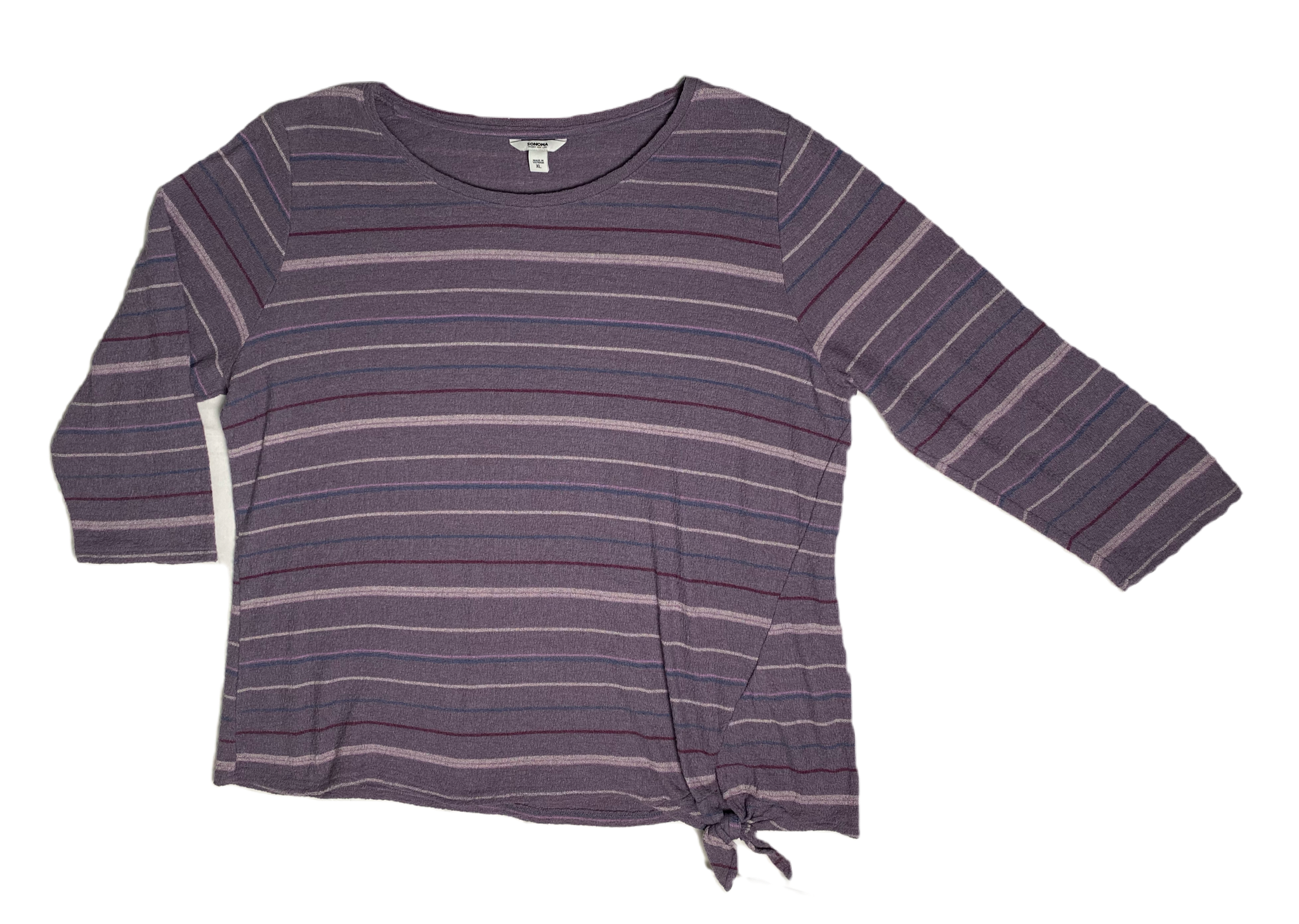 Sonoma Three Quarter Sleeve Striped Tie Front Top Spice up your wardrobe with the Sonoma Tie Front Top! This playful and stylish top features plum stripes and a tie 