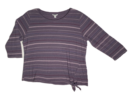 Sonoma Three Quarter Sleeve Striped Tie Front Top Spice up your wardrobe with the Sonoma Tie Front Top! This playful and stylish top features plum stripes and a tie 