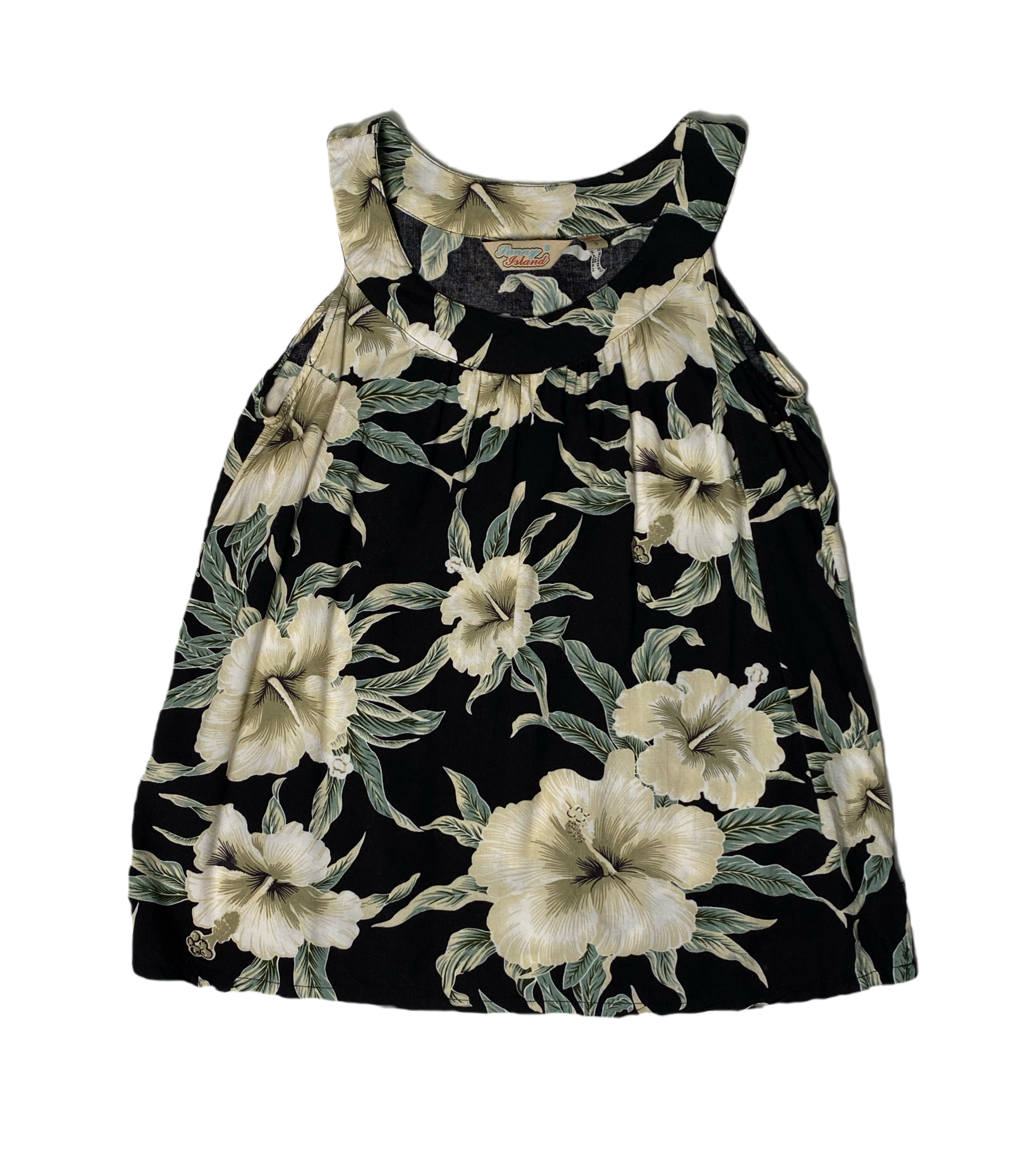 Sunny Islands Floral Print Shirt Sunny Islands black with floral print sleeveless shirt.