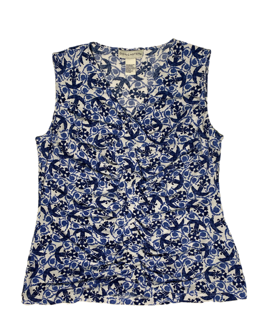 Doncaster Blue Print Sleeveless Top Doncaster blue print stretch sleeveless top with rouged/ruffled center front.