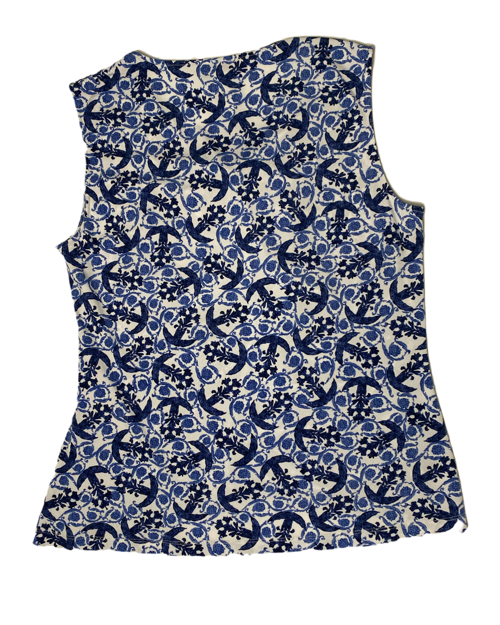 Doncaster Blue Print Sleeveless Top Doncaster blue print stretch sleeveless top with rouged/ruffled center front.