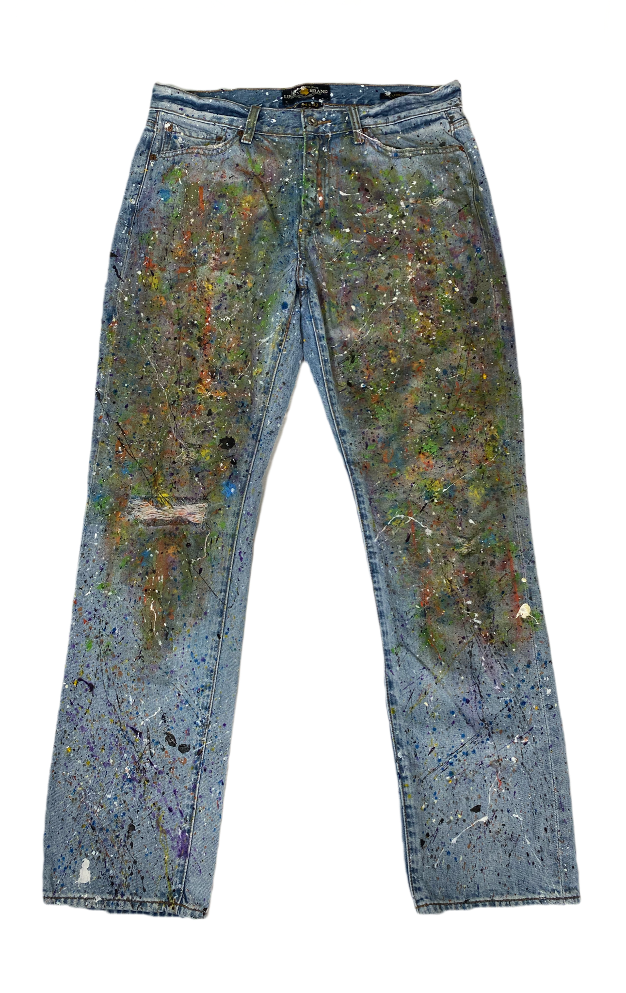 REFRESHED - Lucky Brand hand painted denim jeans. Unleash your inner cool with REFRESHED Lucky Brand Hand Painted Denim Jeans. These one-of-a-kind jeans feature a pl